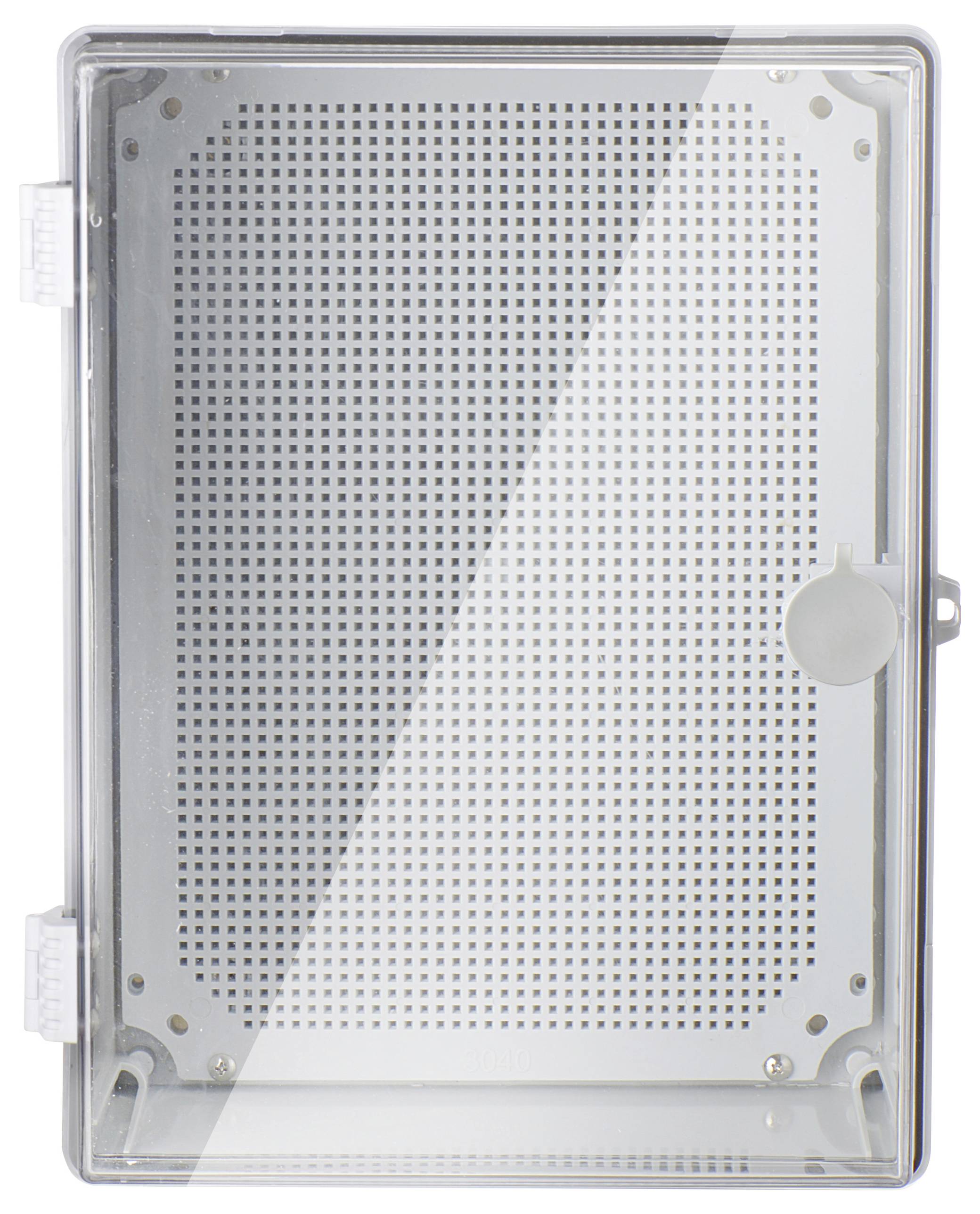 Przezroczysta, prostokątna osłona z perforowanym tłem i okrągłym zamknięciem po prawej stronie.