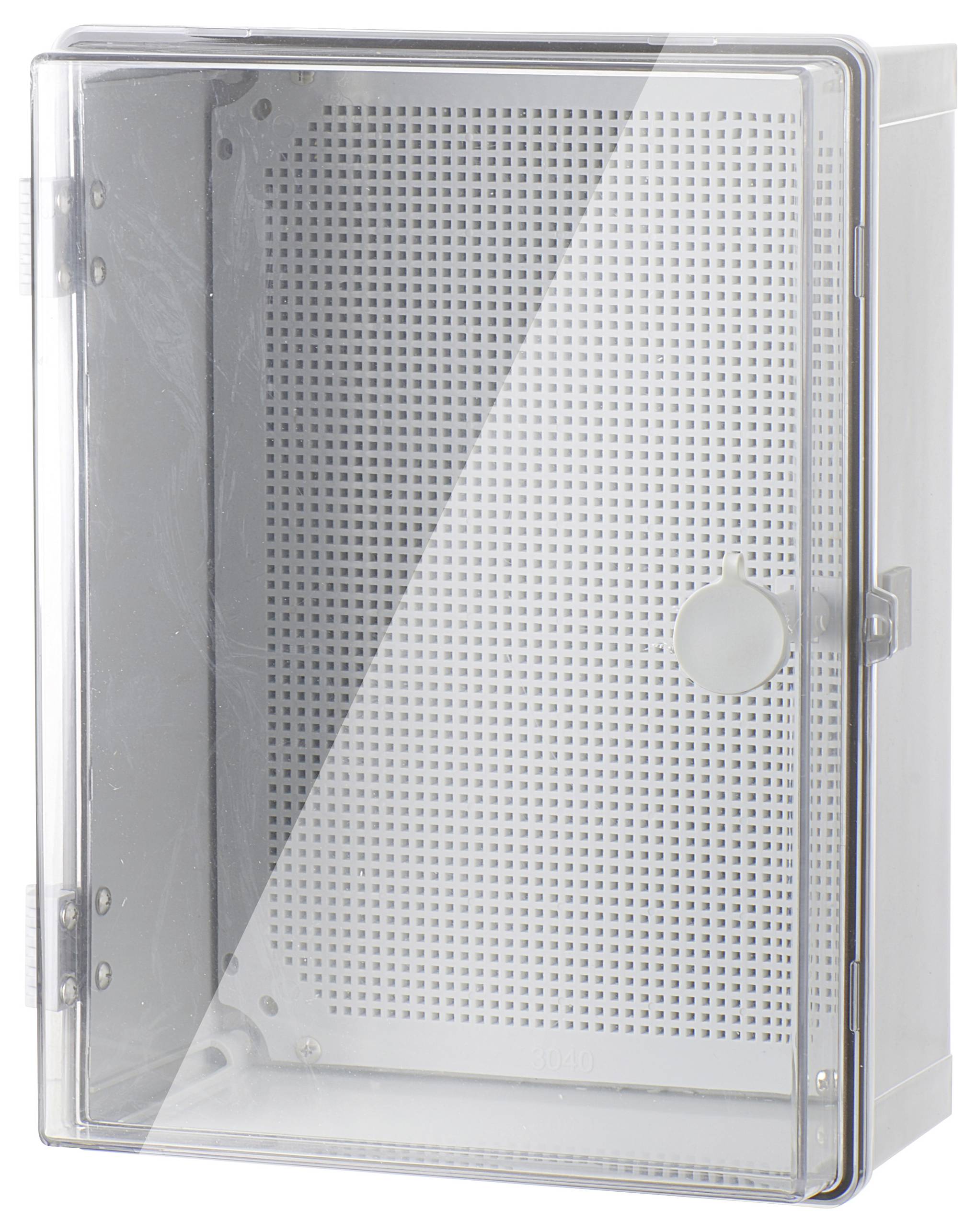 Przezroczysty plastikowy pojemnik z drzwiczkami i zawiasami, odpowiedni do bezpiecznego przechowywania urządzeń technicznych lub złączy.