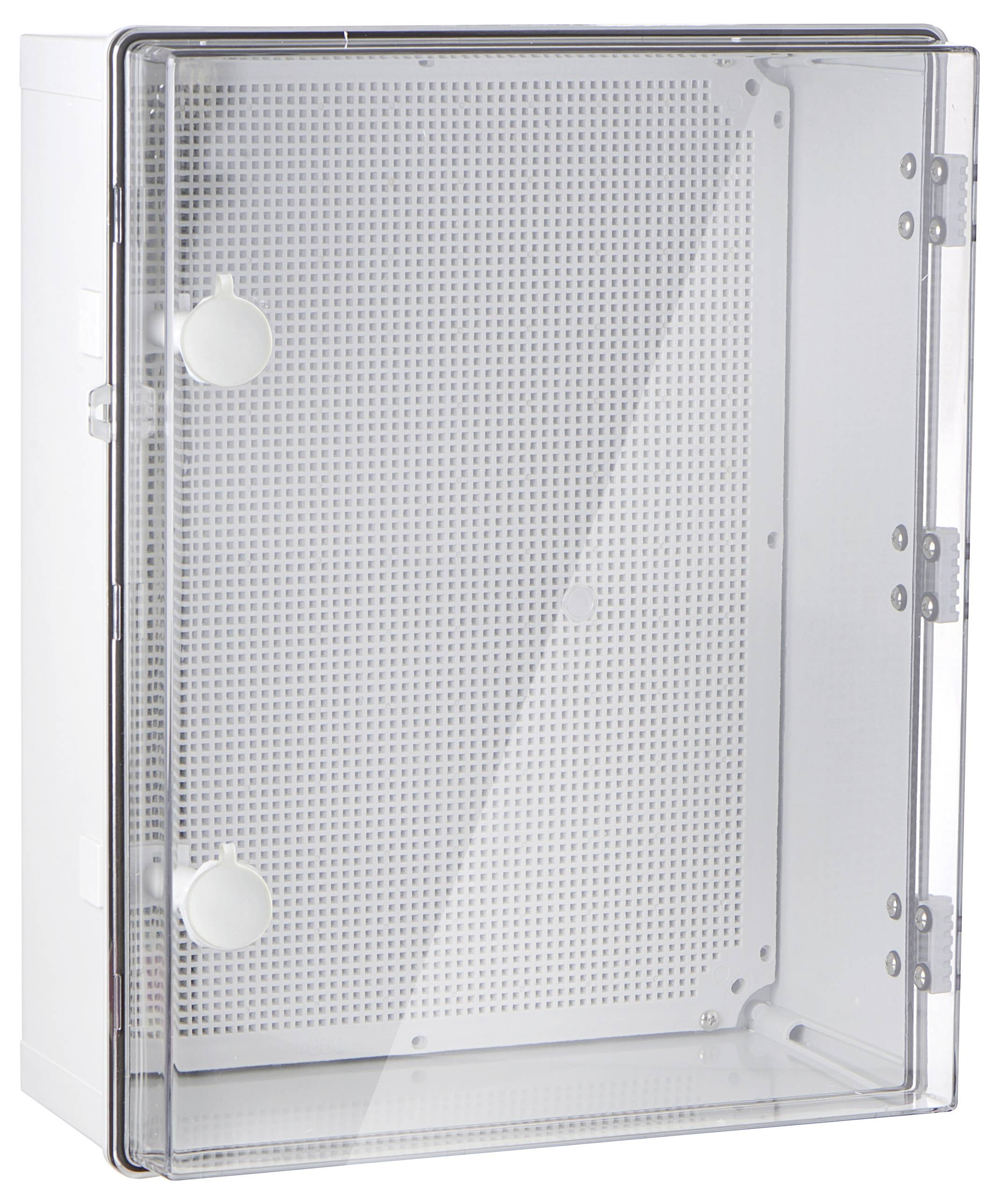 Przezroczysta szafka ścienna ze szklaną przegrodą, odpowiednia do przechowywania urządzeń elektronicznych.