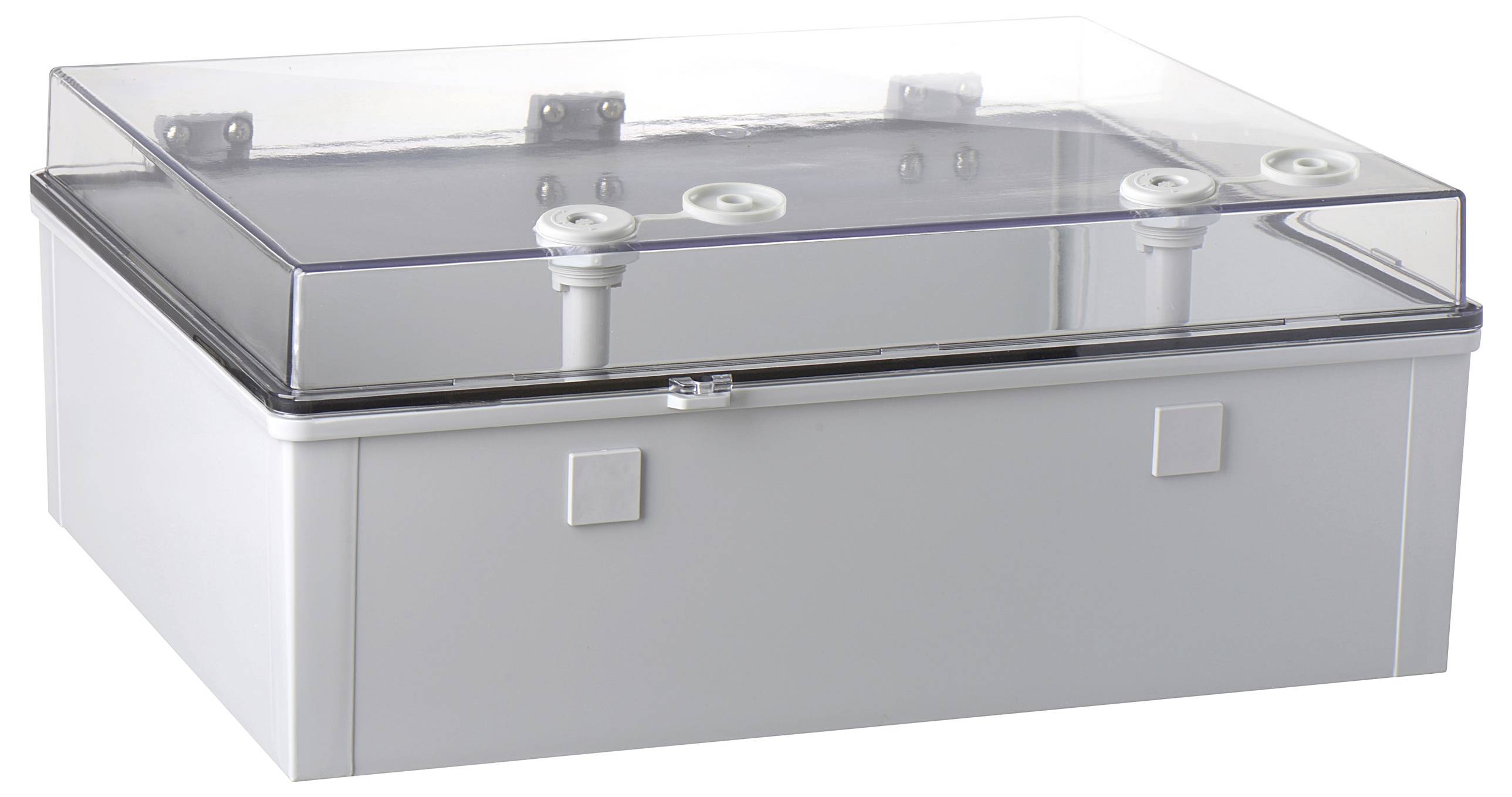 Prostokątny pojemnik z tworzywa sztucznego z przezroczystą pokrywą i czterema okrągłymi przyciskami na górnej powierzchni, prawdopodobnie do podłączeń elektrycznych.