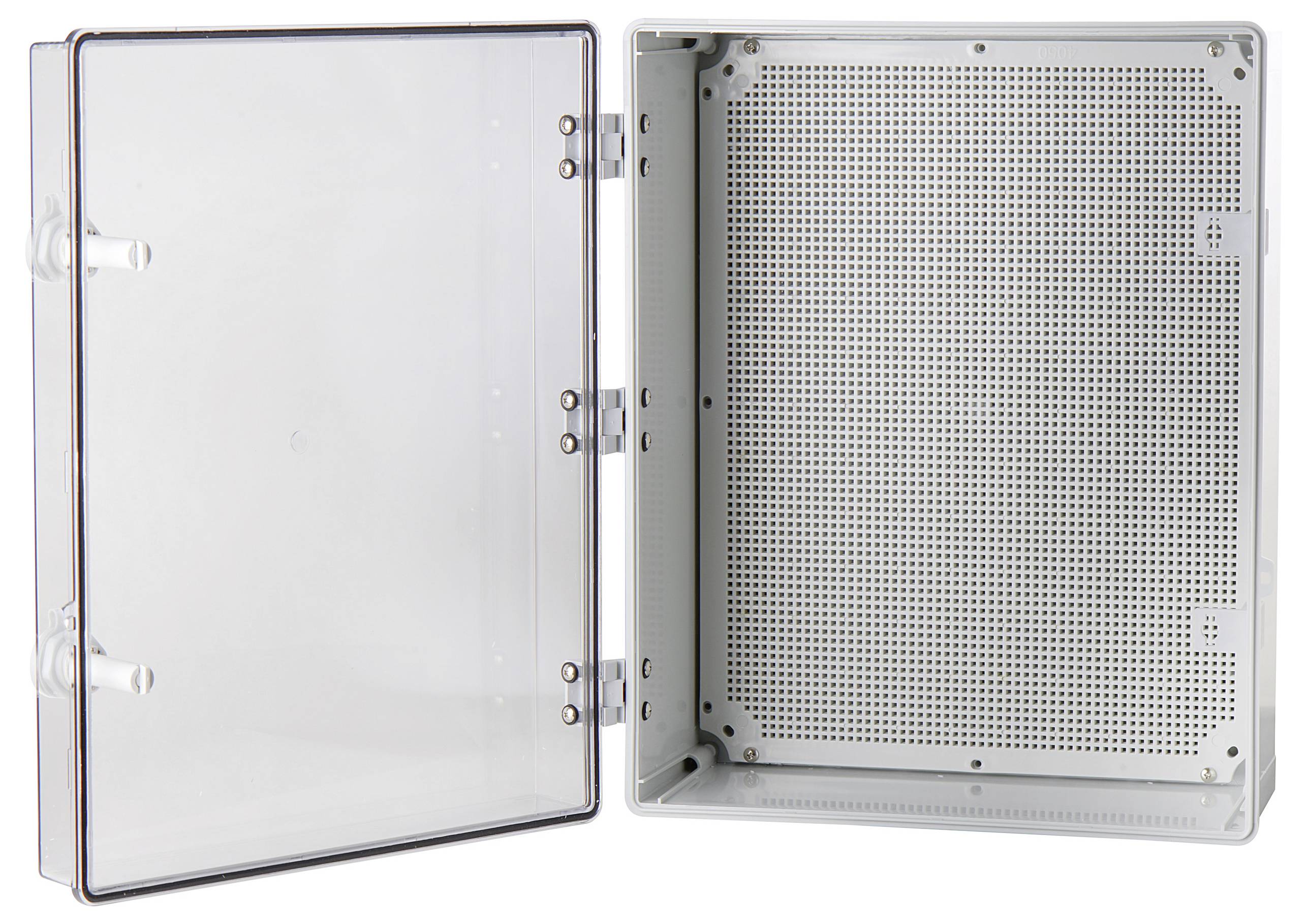 Otwarta, biała obudowa z tworzywa sztucznego z przezroczystymi drzwiczkami; wewnątrz widoczna jest perforowana płyta montażowa.