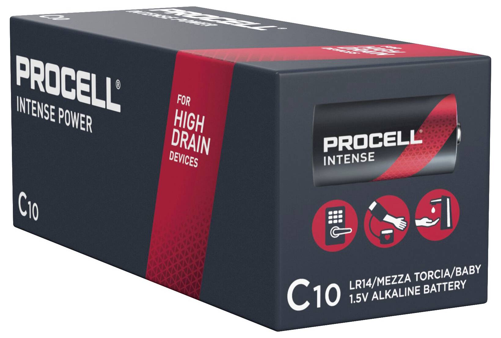 Opakowanie baterii Procell Intense Power C10, przeznaczonych do urządzeń o wysokim zapotrzebowaniu na energię, 1,5 V alkaliczne.