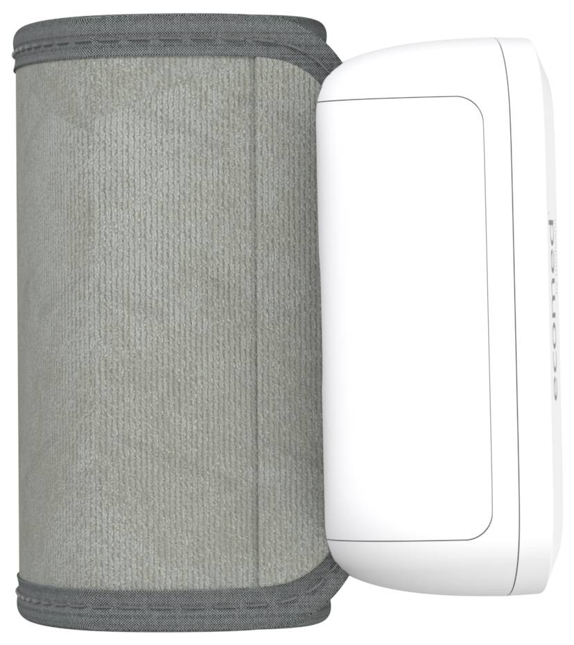 Elektroniczny ciśnieniomierz z białą obudową i szarą mankietą, przeznaczony do monitorowania zdrowia.