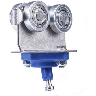 Metalowy element sprzętowy z dwiema rolkami na górze i niebieską plastikową podstawą na dole, prawdopodobnie część mechanizmu przesuwnych drzwi.