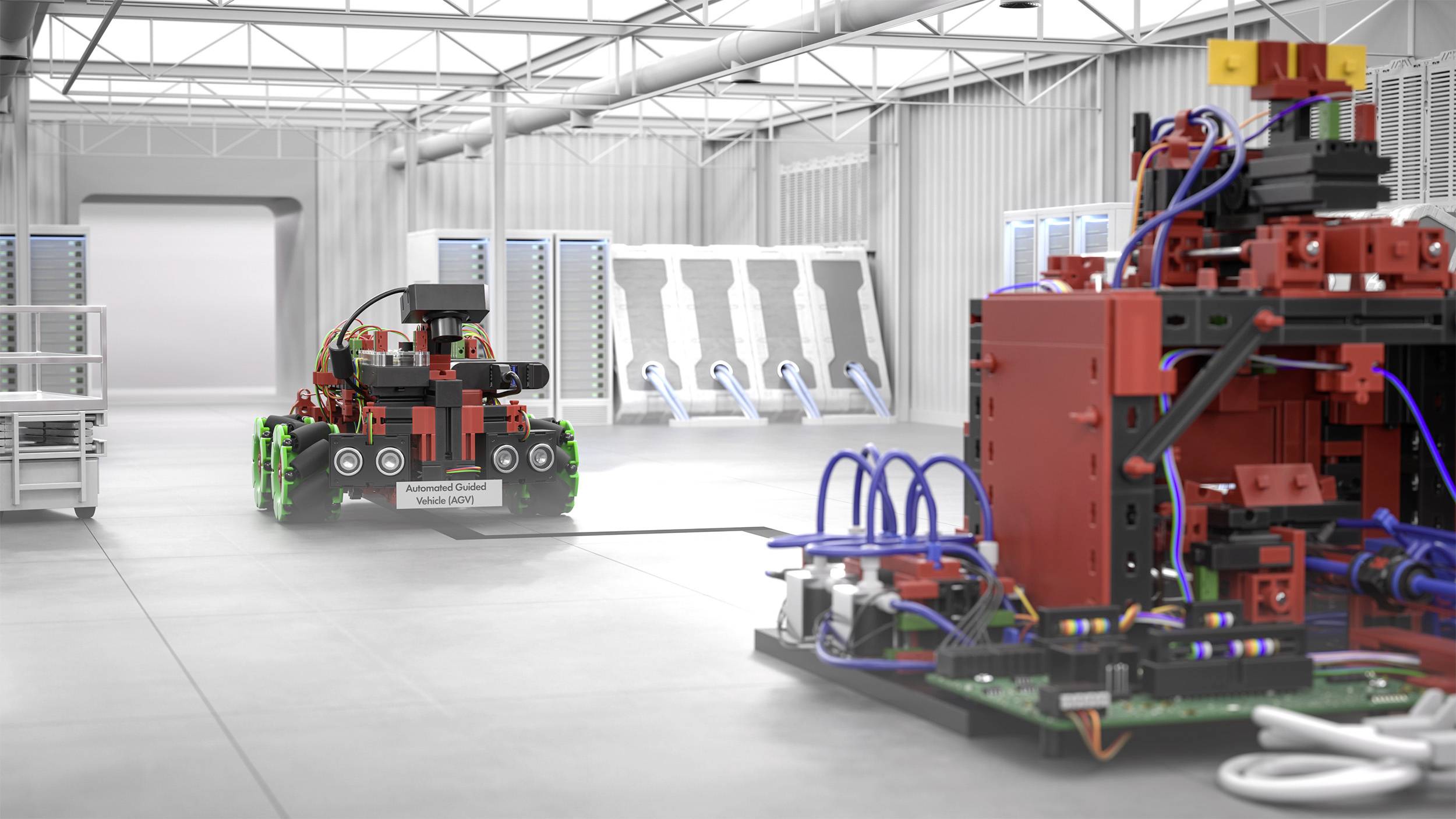 Autonomiczny model pojazdu porusza się przez nowoczesne, techniczne laboratorium. W tle widać różne urządzenia techniczne.