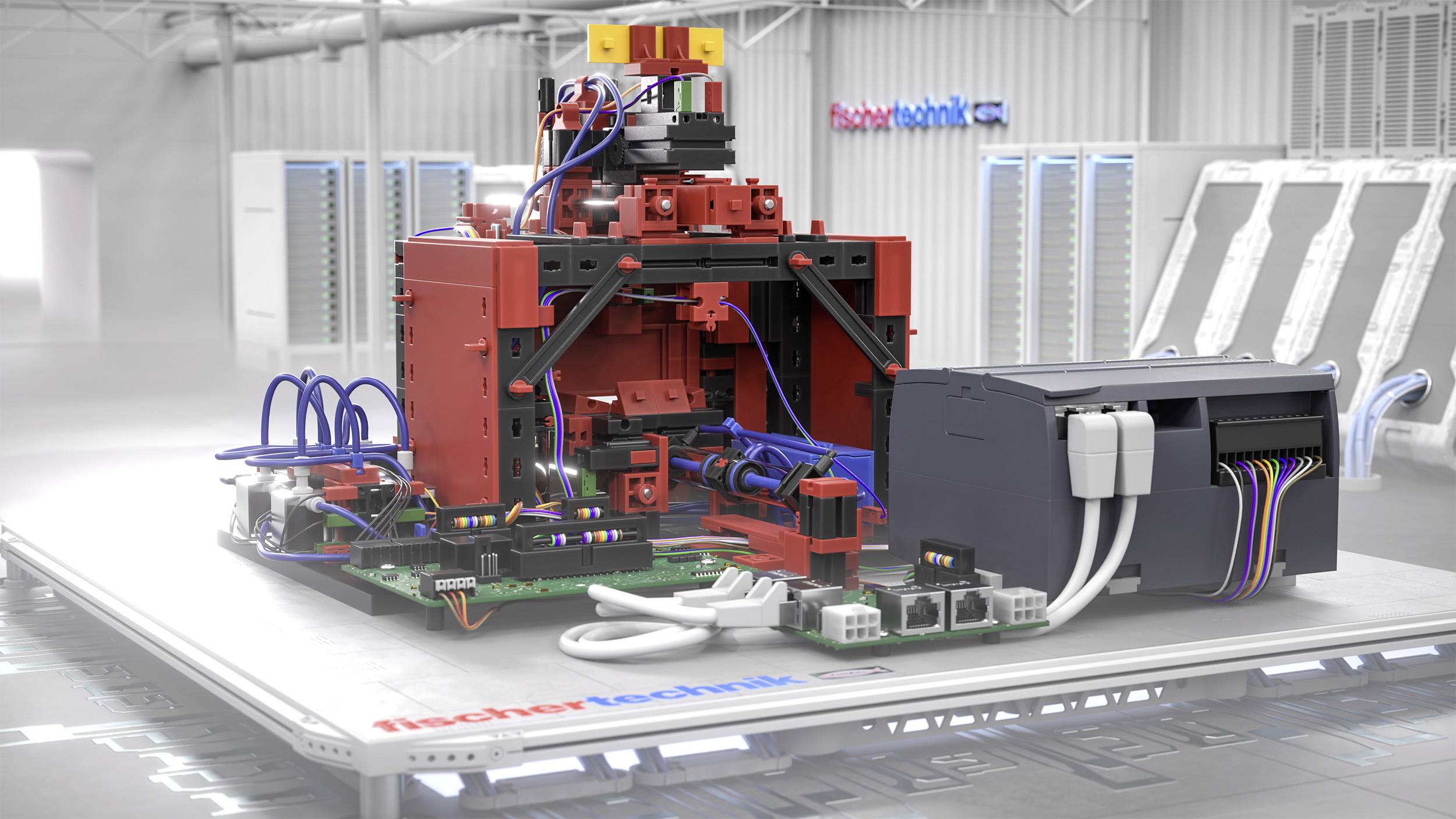 Nowoczesna, przemysłowa drukarka 3D w jasnym wnętrzu warsztatu. Kable i komponenty elektroniczne są widoczne.