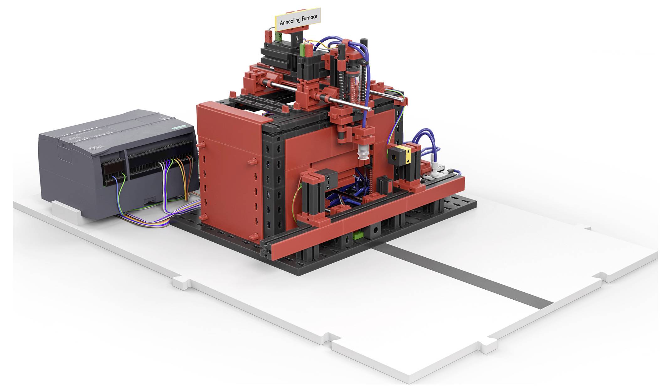 Szczegółowa maszyna z klocków LEGO ze czerwonymi i czarnymi elementami, kablami i przewodami. Po prawej stronie stoi szare urządzenie sterujące.