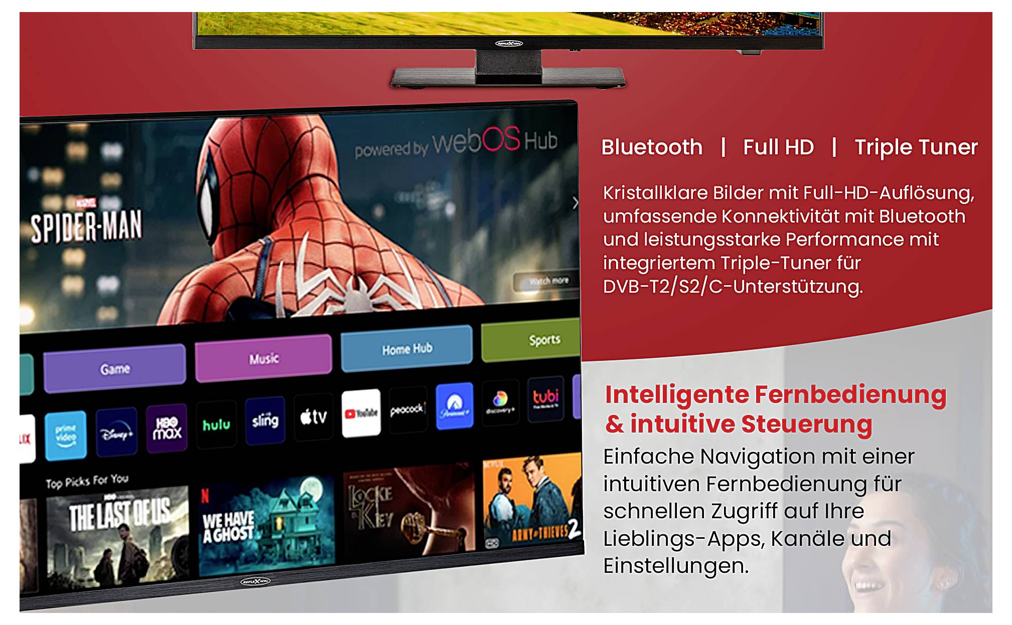 Grafika reklamowa telewizora LG webOS TV z obrazem Spider-Mana, kafelkami aplikacji oraz funkcjami Bluetooth, Full HD i Triple Tuner; reklamuje intuicyjny pilot i sterowanie.