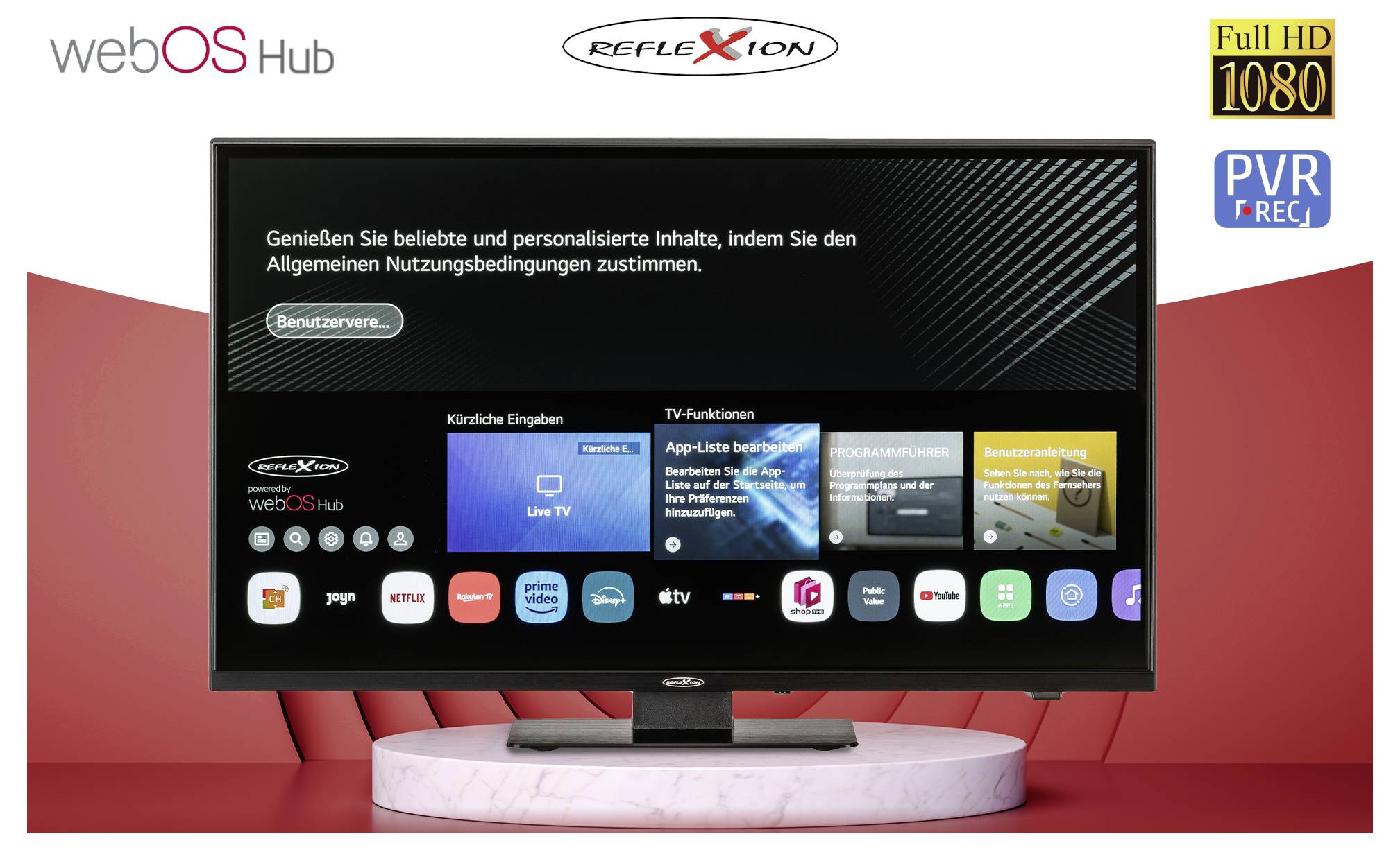 Reklama telewizora z webOS Hub, logo REFLEXION i wskazówkami na Full HD 1080 oraz PVR-REC; na ekranie widoczne są funkcje aplikacji i telewizji.