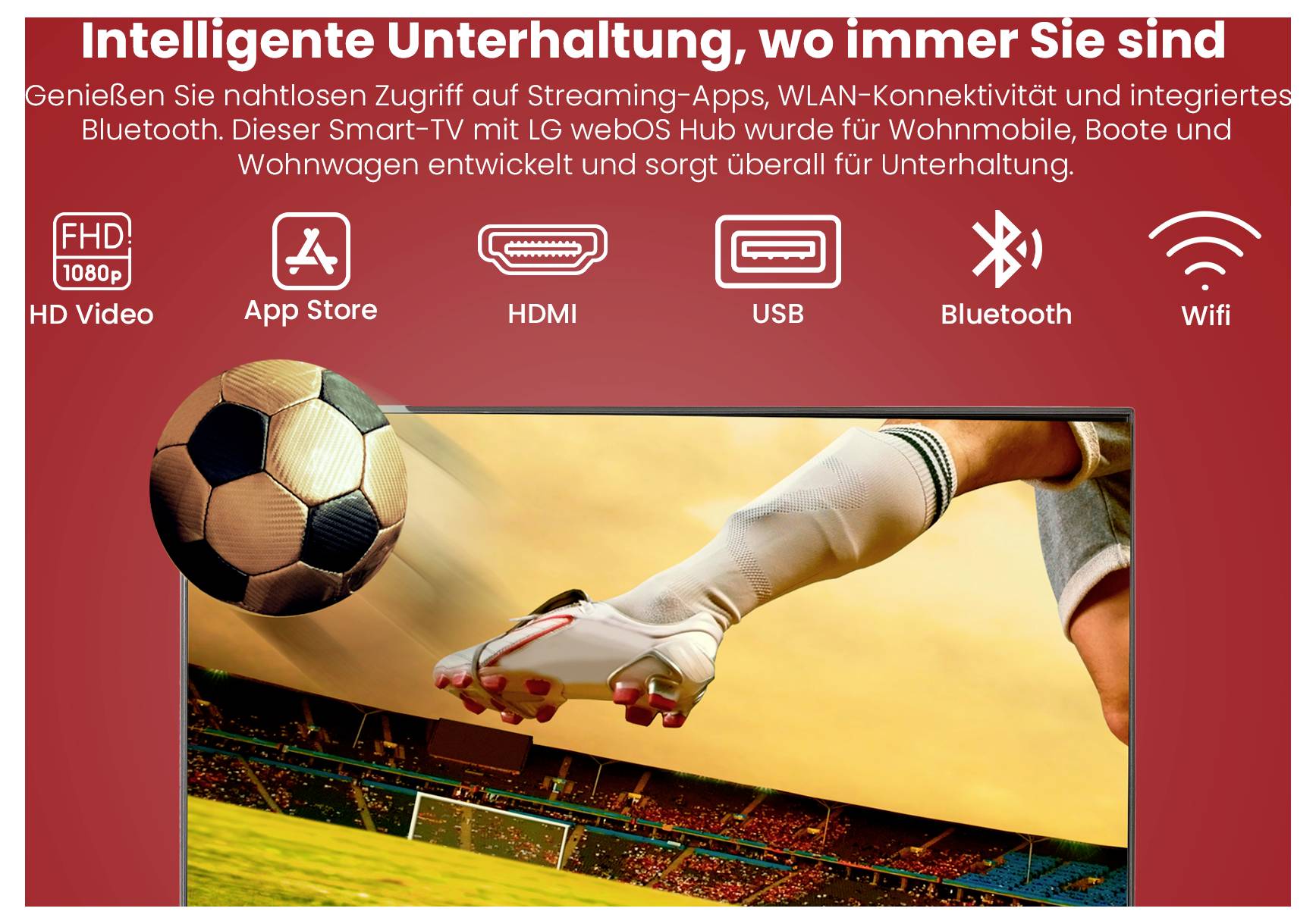 Grafika reklamowa dla LG Smart-TV w pojeździe: scena piłkarska na ekranie, u góry tekst dotyczący streamingu, Wi-Fi i Bluetooth oraz symbole dla HD, App Store, HDMI i USB.