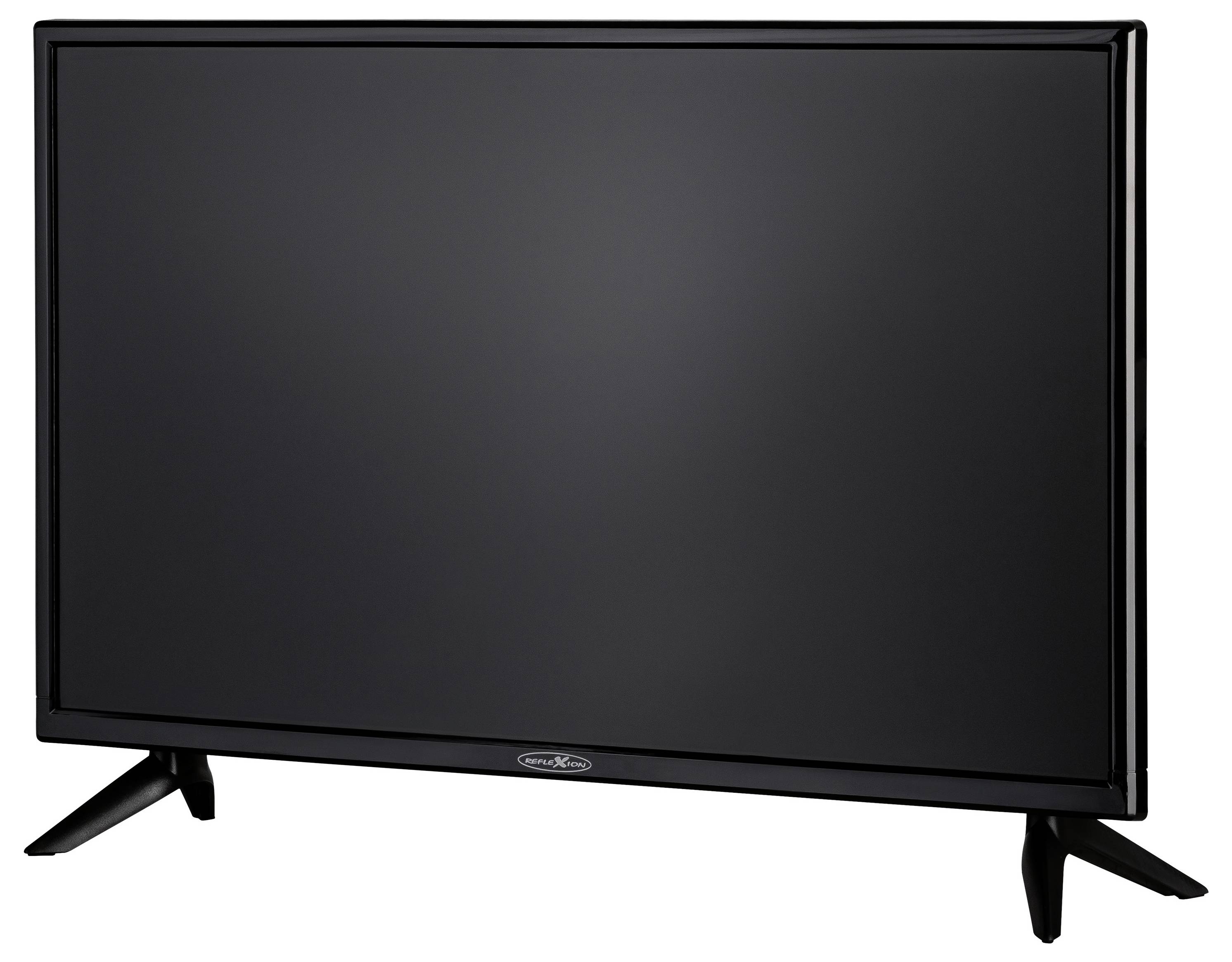 Czarny telewizor z płaskim ekranem na stojaku, pokazany na białym tle.