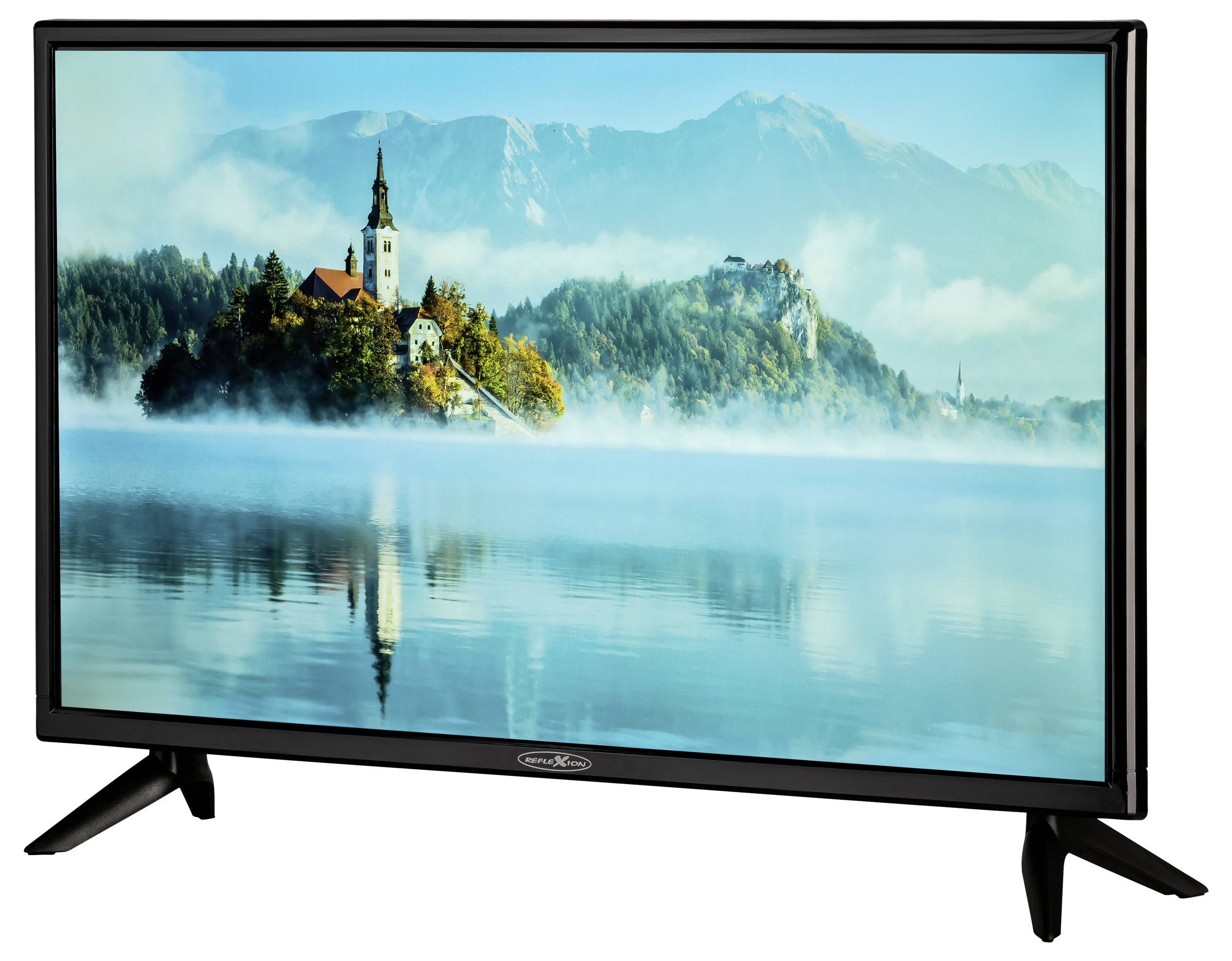 Telewizor z płaskim ekranem wyświetlający krajobraz jeziorny ze górami oraz kościołem na wyspie odbitym w spokojnej wodzie.