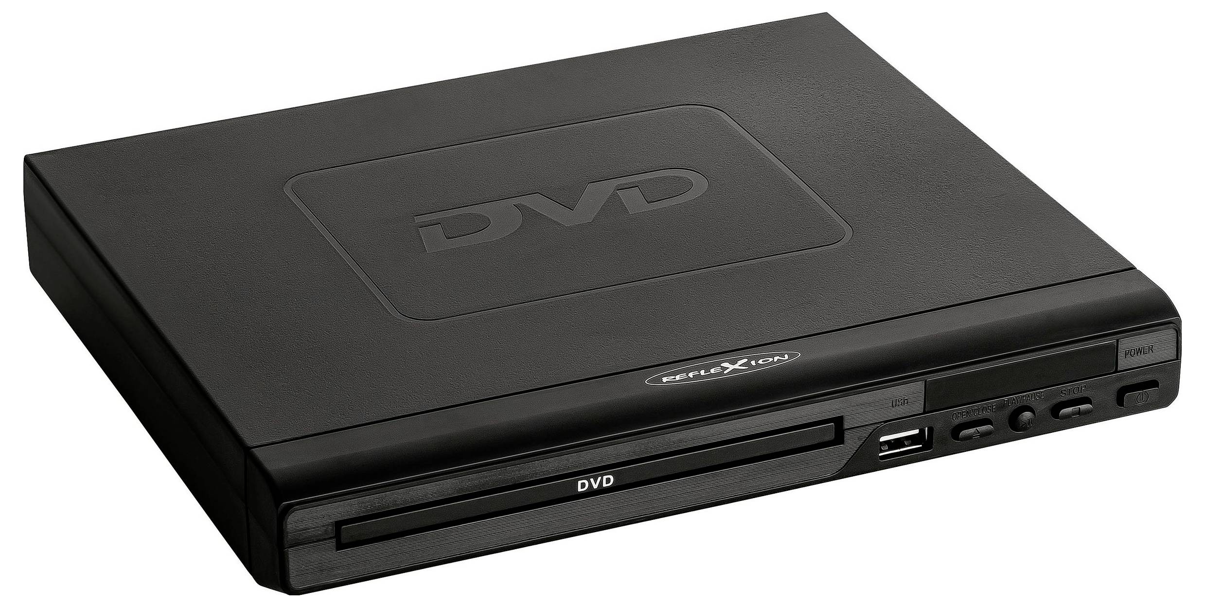 Czarny zewnętrzny napęd DVD ze szczeliną na dysk i przednim portem USB, pokazany na białym tle.