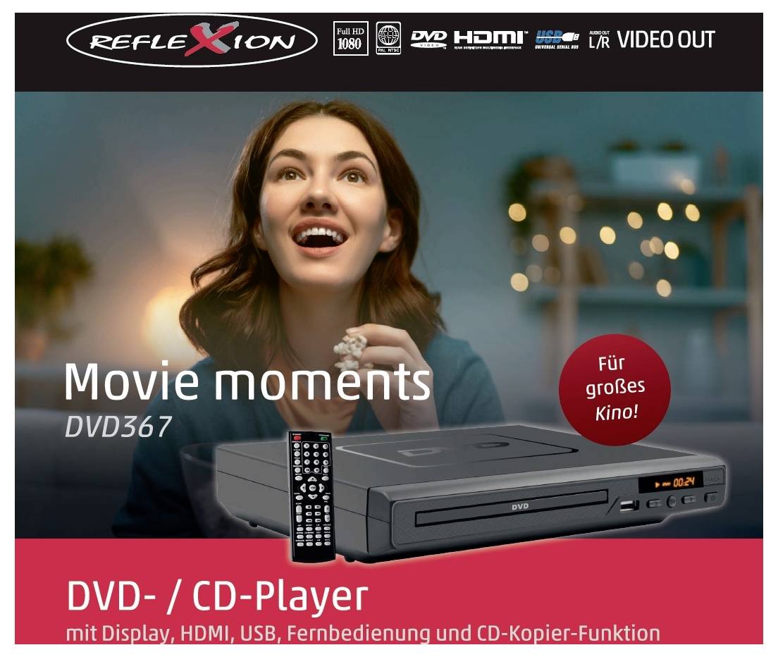 Zdjęcie produktowe odtwarzacza DVD/CD Reflection DVD367 z pilotem; tekst wymienia "Movie moments", HDMI, USB i funkcję kopiowania płyt CD, wraz z logotypem reklamowym "Na wielkie kino!"