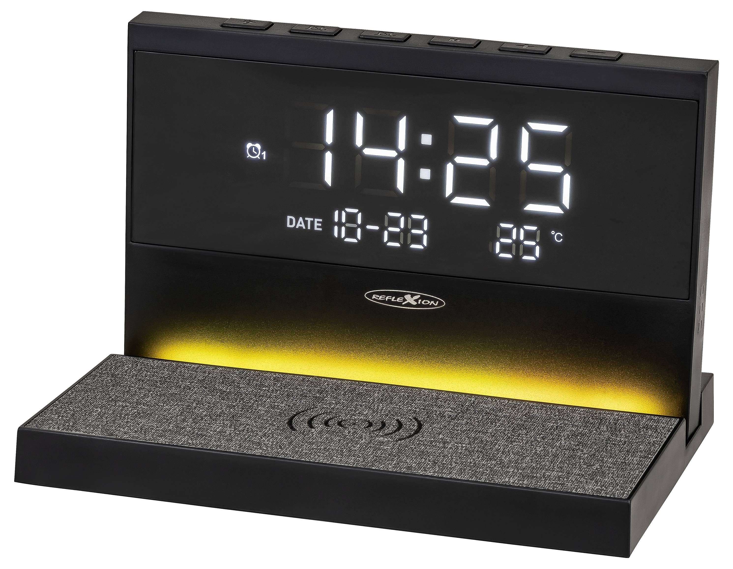 Czarny cyfrowy budzik z bezprzewodową podkładką ładującą, wyświetlający 14:25, datę 18-23 i 28°C na ekranie.