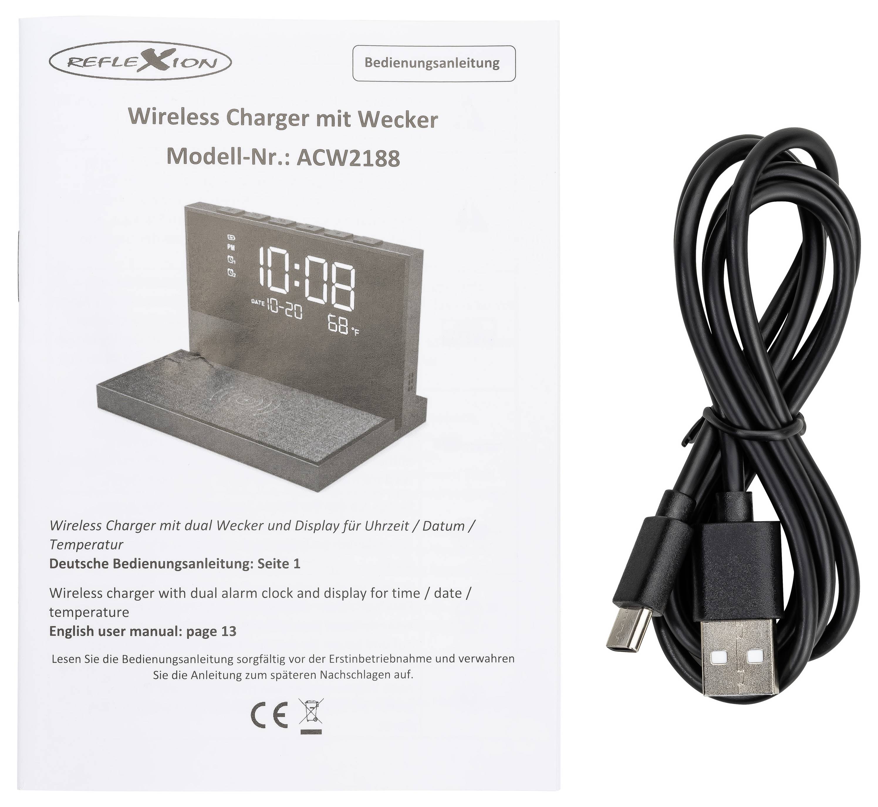 Zdjęcie produktu: Instrukcja obsługi do bezprzewodowej ładowarki z budzikiem Model ACW2188 oraz kabel do ładowania USB obok.