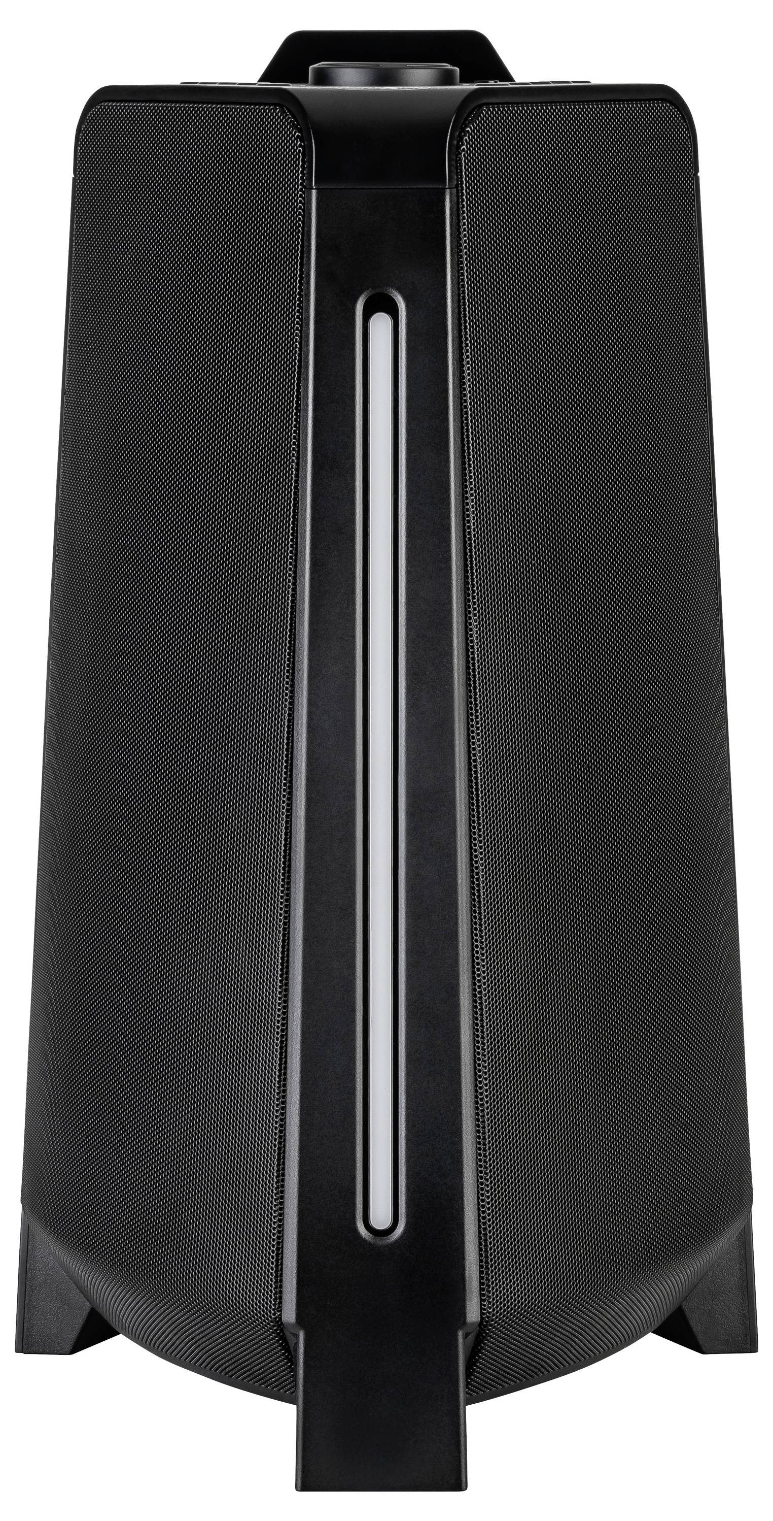 Czarny przenośny głośnik z centralnym paskiem światła w orientacji pionowej, pokazany w widoku frontalnym na białym tle.