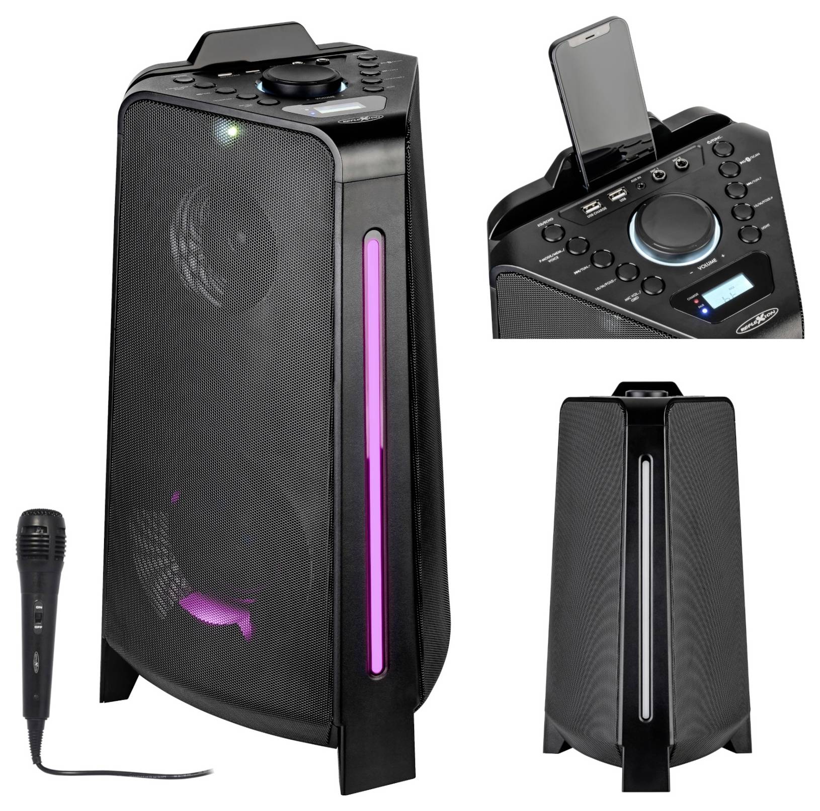 Przenośny głośnik imprezowy ze wbudowanymi światłami, górnym panelem sterowania i mikrofonem; pokazany z przodu, góry i z boku.