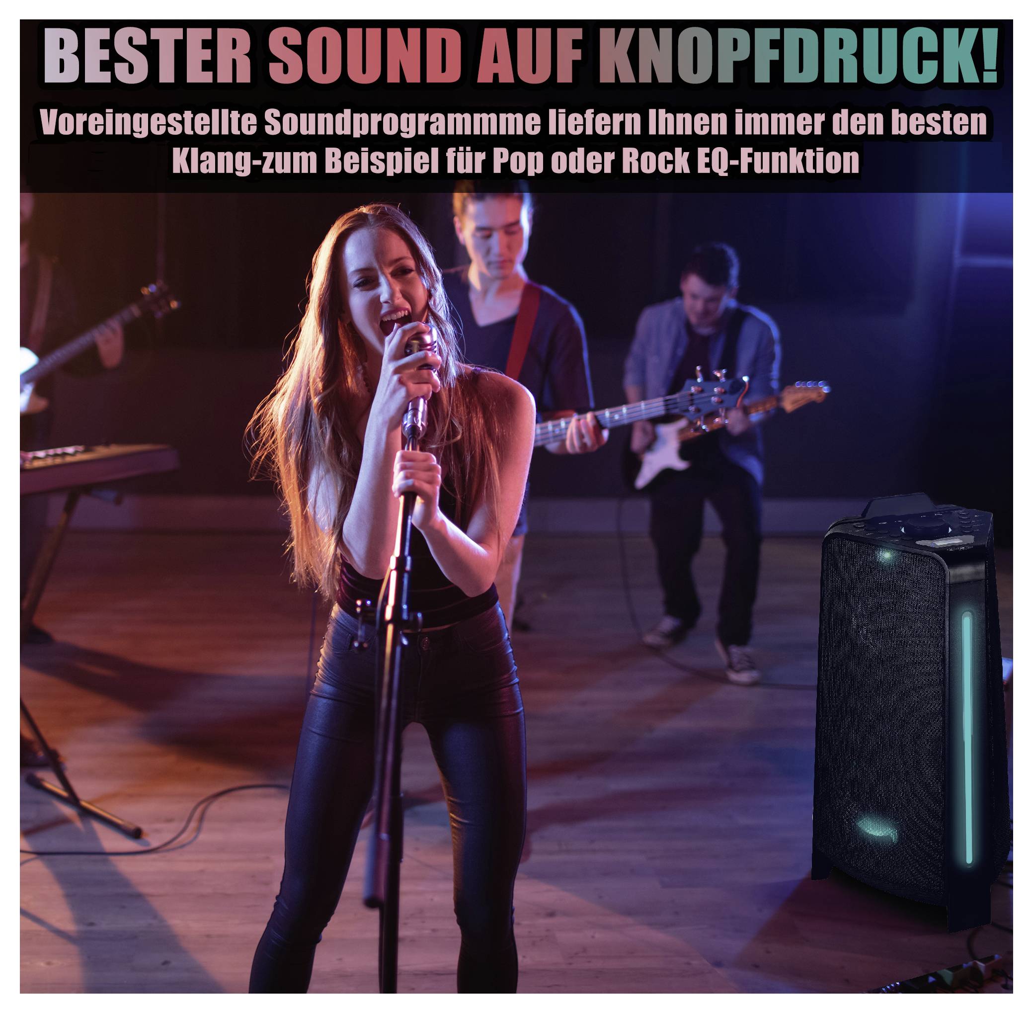 Zespół grający na żywo na scenie; piosenkarka przy mikrofonie, głośnik po prawej stronie. Tekst: „NAJLEPSZY DŹWIĘK NA NACIŚNIĘCIE PRZYCISKU!" oraz wskazanie na wstępnie ustawione programy dźwiękowe.