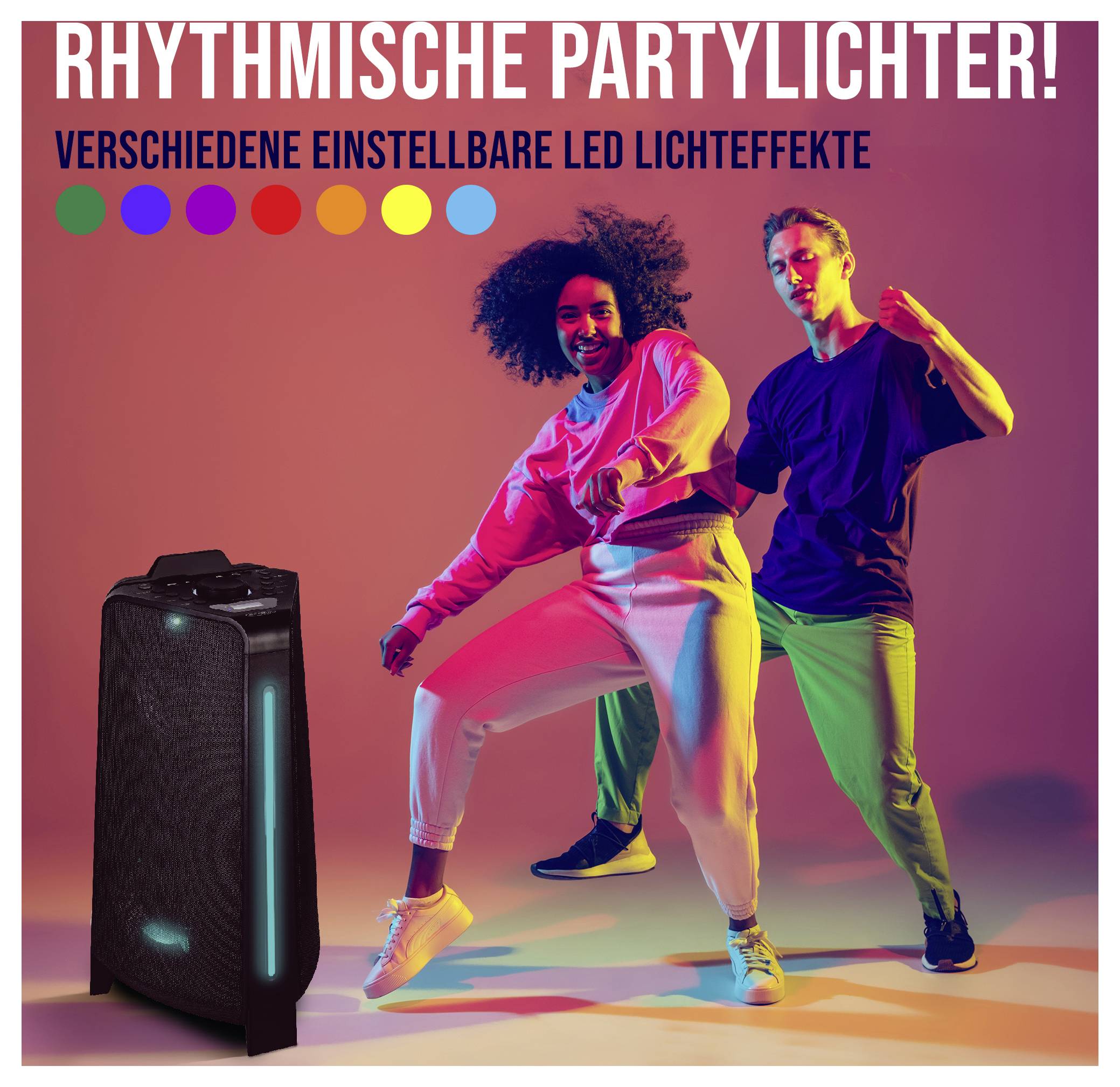 Reklama dla głośnika rytmicznego 'RYTMICZNE ŚWIATŁA IMPREZOWE!' z regulowanymi efektami świetlnymi LED; dwie tańczące osoby obok głośnika.