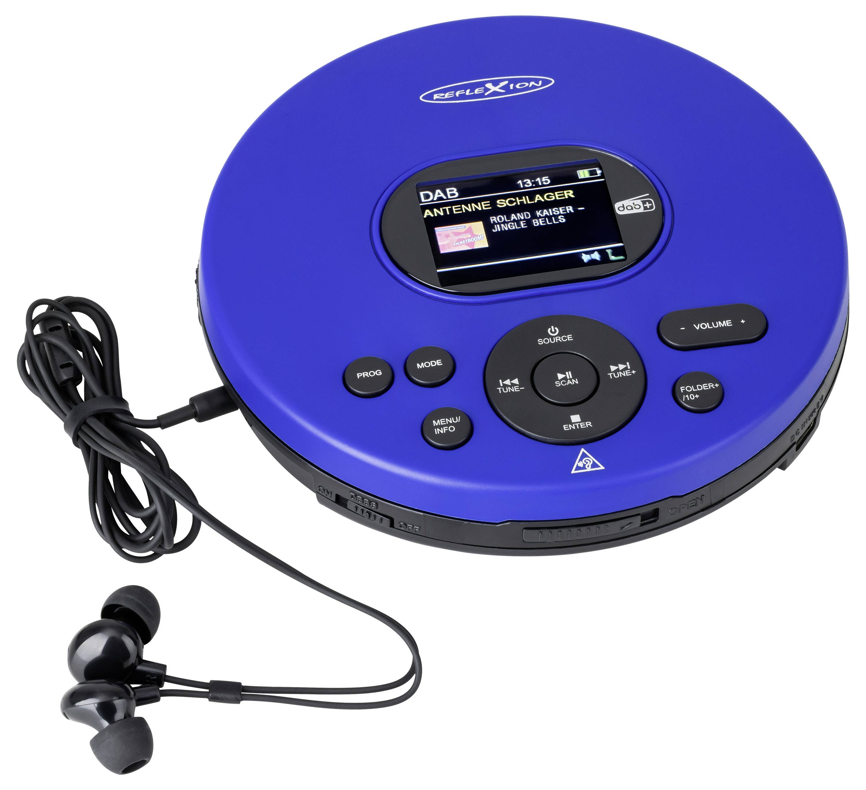 Niebieski przenośny odtwarzacz CD z wbudowanym wyświetlaczem i przewodowymi słuchawkami, pokazany na białym tle.