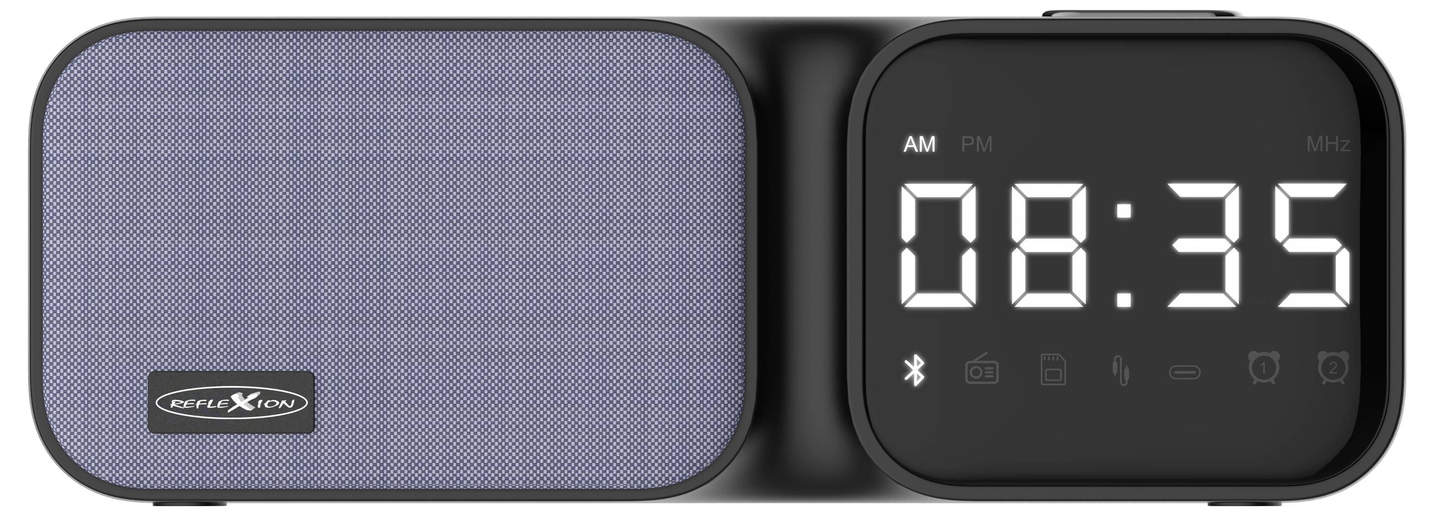 Budzik z niebieskim głośnikiem i wyświetlaczem cyfrowym, pokazujący godzinę '08:35' oraz symbole Bluetooth i funkcji budzenia.