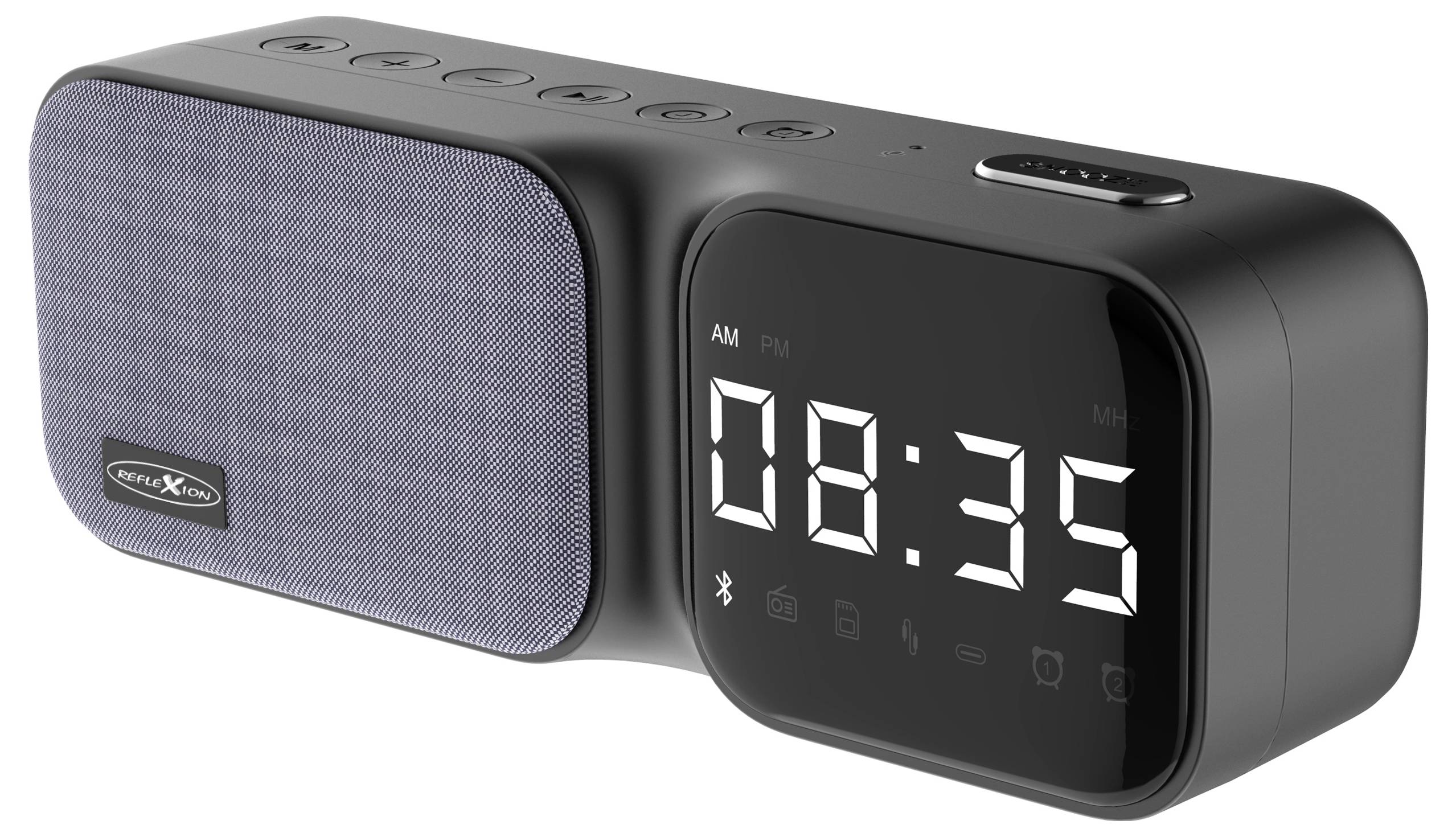 Cyfrowy zegar z głośnikiem Bluetooth, wyświetlacz pokazujący godzinę '08:35', widoczne symbole połączenia i głośności, prosty, prostokątny design.