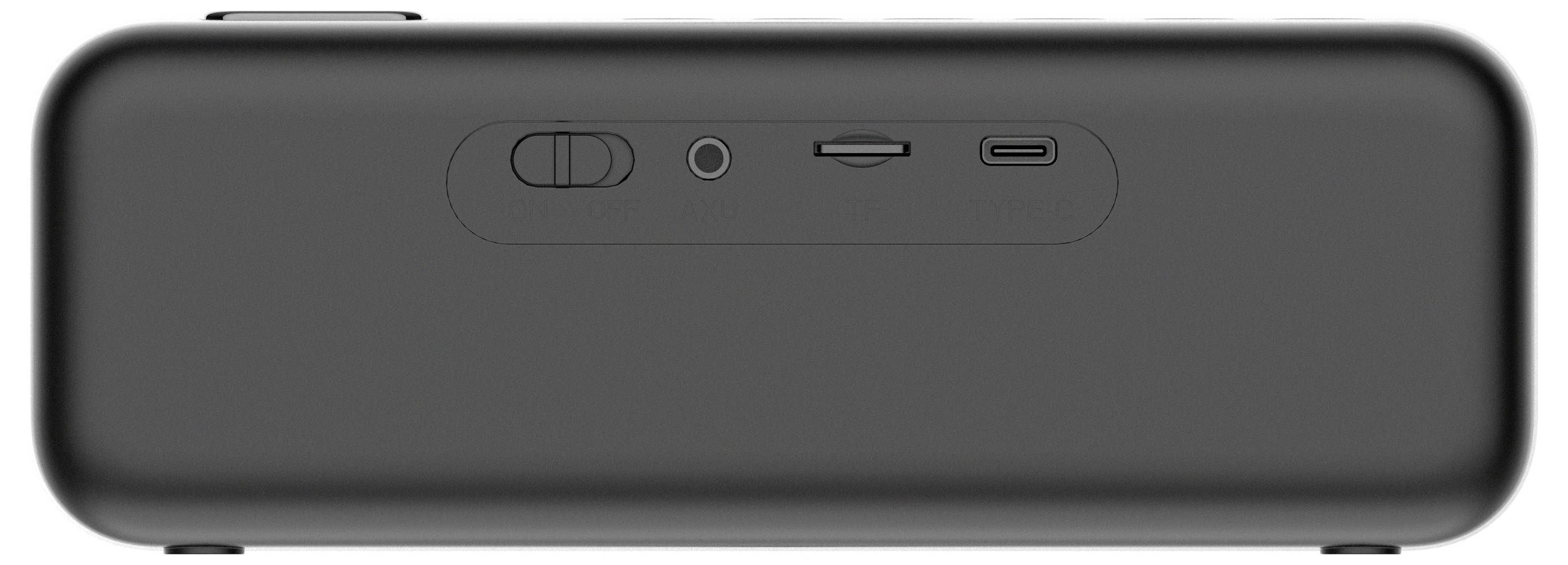 Czarne, prostokątne urządzenie z przełącznikiem suwakowym, gniazdem audio, slotem na kartę micro SD oraz złączem USB-C.