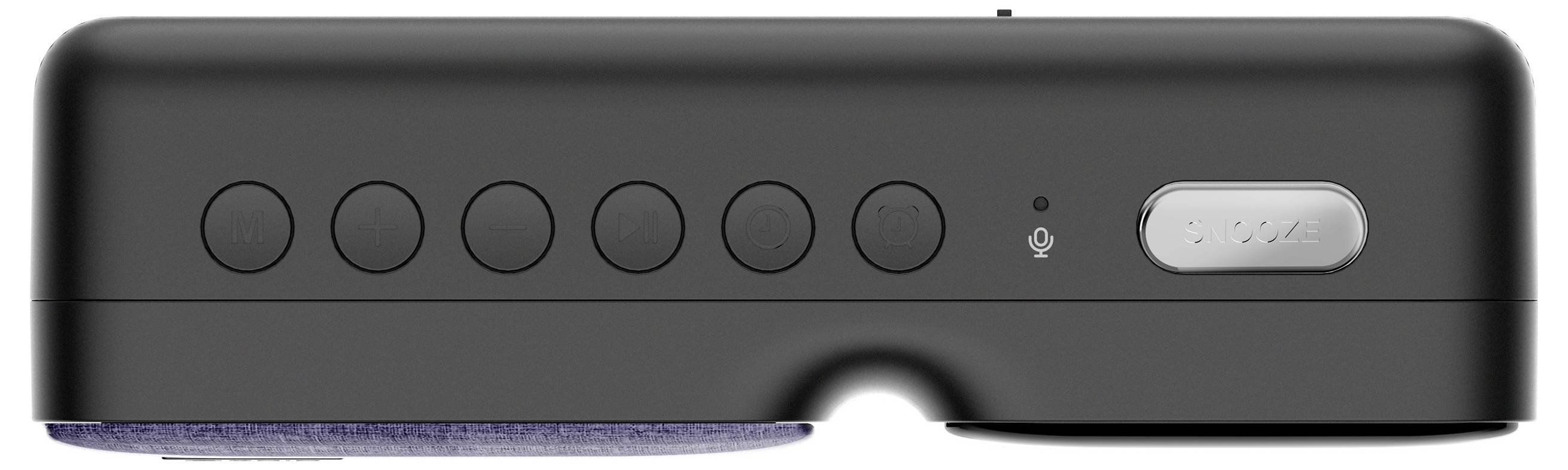 Czarny, prostokątny głośnik z kilkoma okrągłymi przyciskami na górnej powierzchni i prostokątnym przyciskiem po prawej stronie.