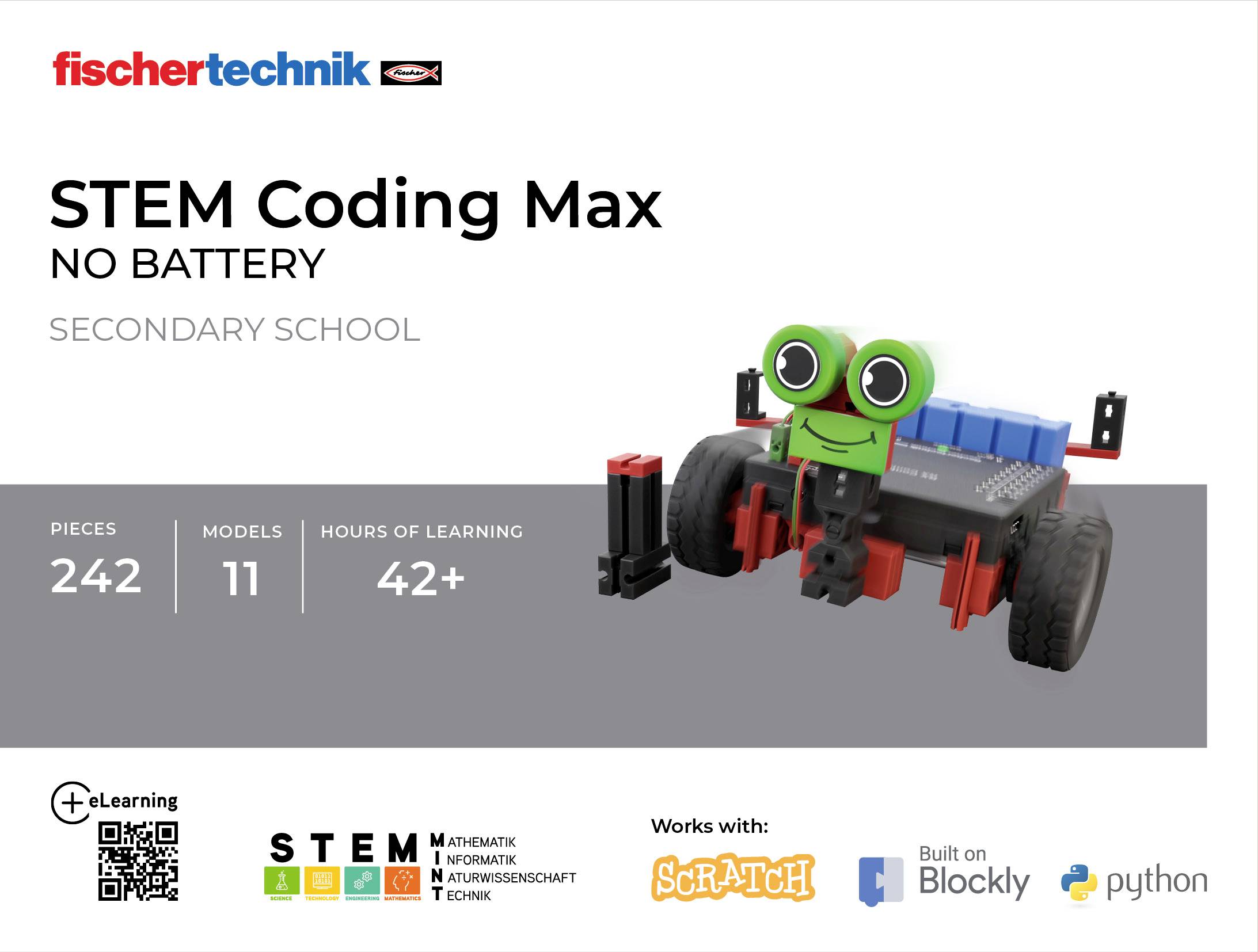 Zestaw 'STEM Coding Max' dla szkół ponadpodstawowych. Zawiera 242 elementy, 11 modeli, ponad 42 godziny nauki. Kompatybilny z programami Scratch, Blockly i Python.