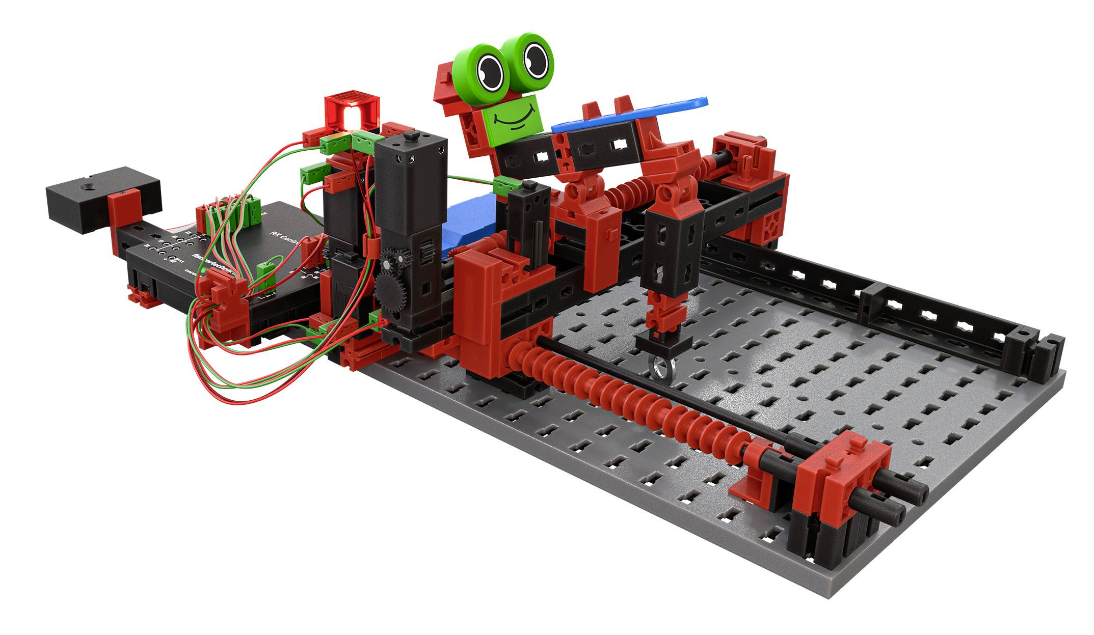 Zestaw robotyczny złożony z kolorowych klocków i przewodów, zmontowany na szarej płycie. Dominują kolory czerwony i czarny, z zielonymi akcentami.