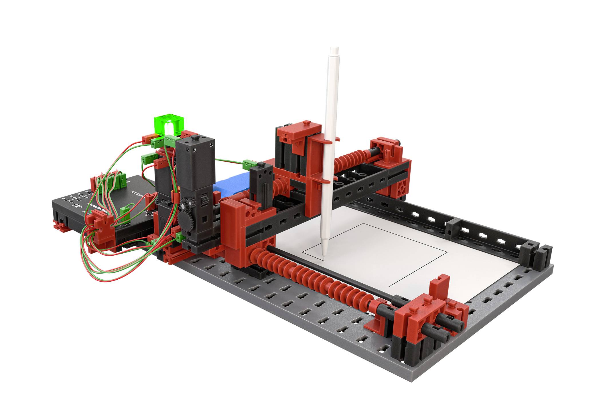 Model drukarki 3D na białym tle, przedstawiający mechaniczne ramię z piórem rysującym na płaskiej powierzchni.