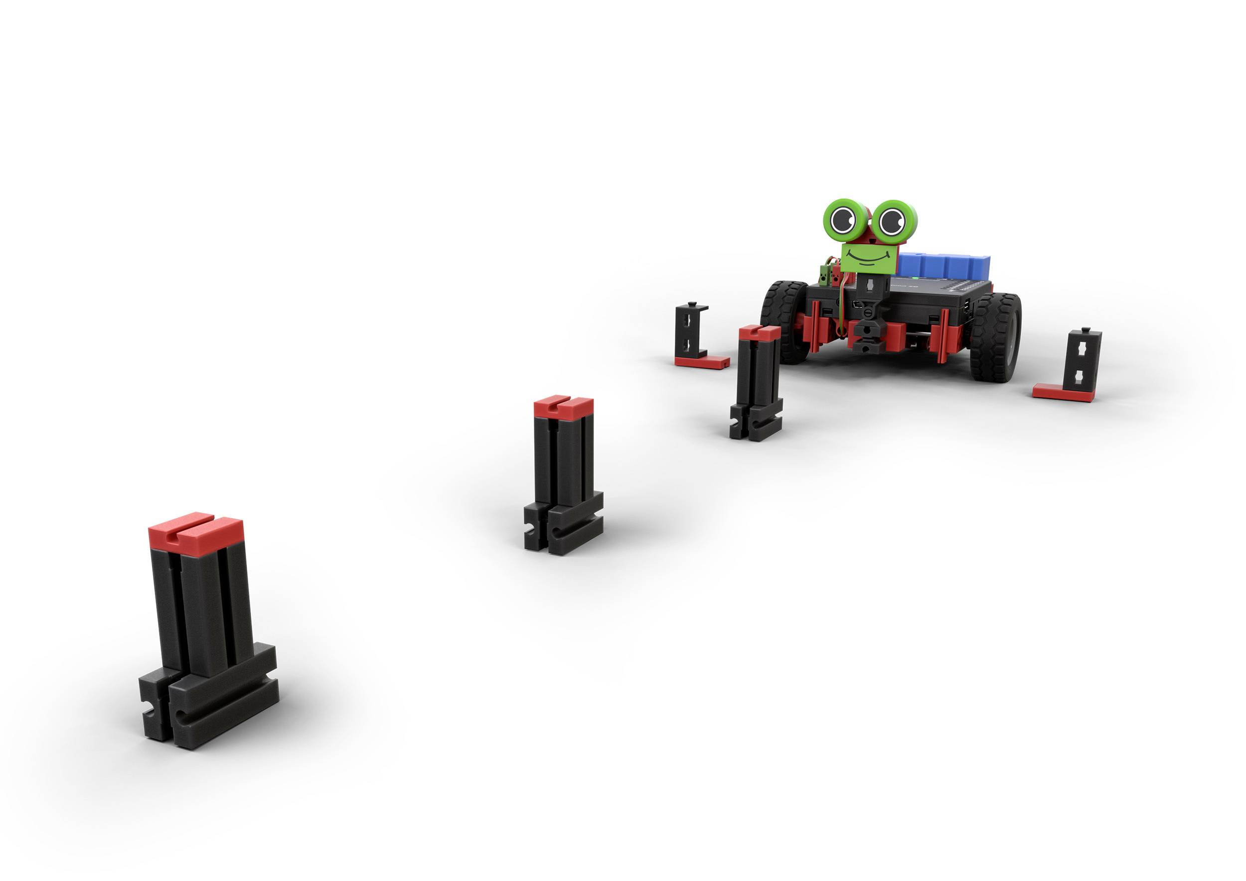 Mały robotek zabawkowy z zielonymi oczami porusza się przez serię czarnych i czerwonych przeszkód na białym tle.