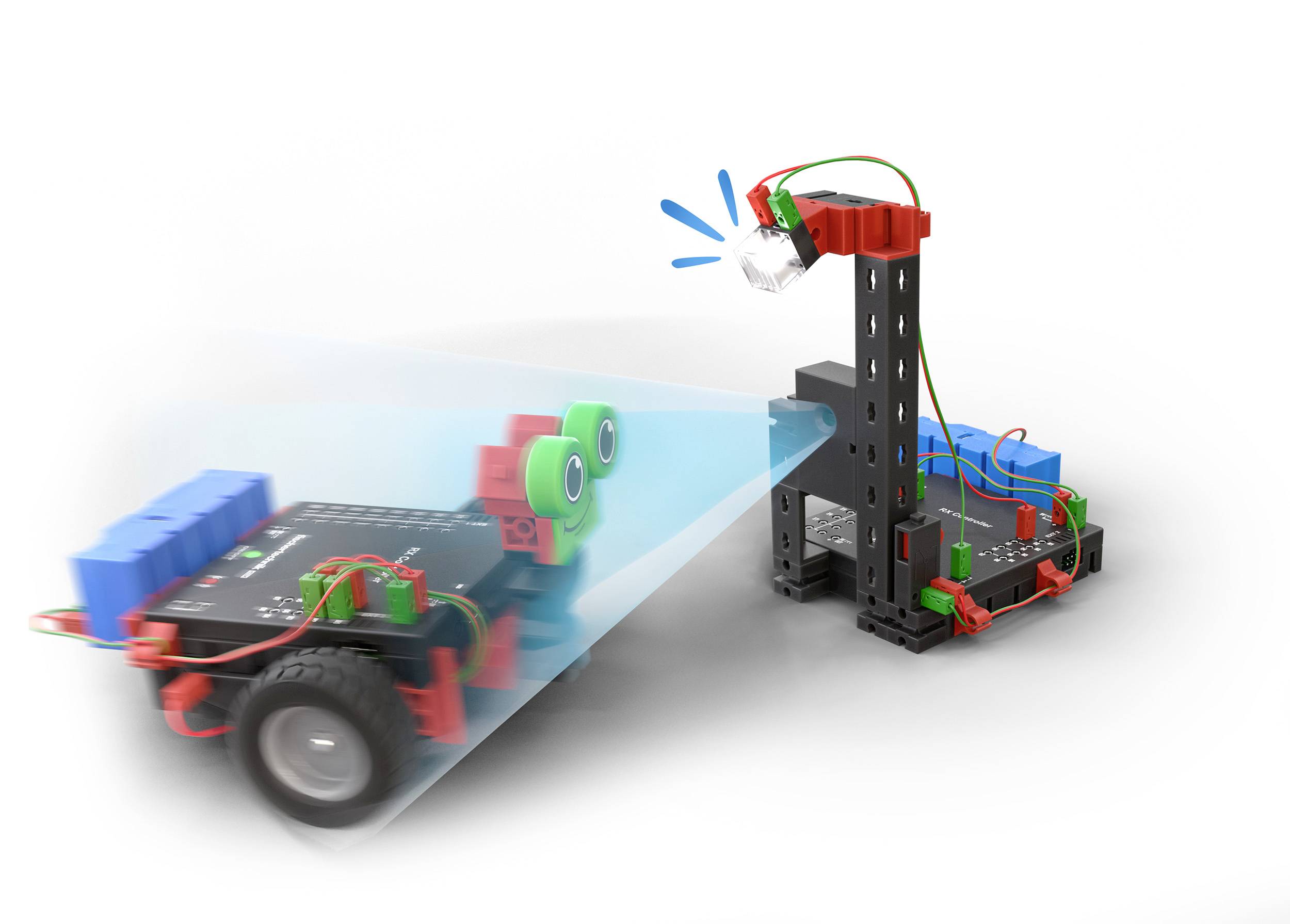 Mały robot z czujnikami nawiguje wokół przeszkody. Po lewej stronie robot porusza się do przodu, przedstawiony z niebieskim widokiem czujników.