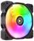 Wentylator komputerowy z świecącymi, wielokolorowymi diodami RGB, wyświetlającymi spektrum barw, zamontowany w czarnej ramie.