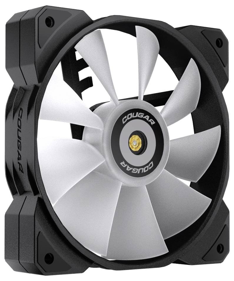Czarny wentylator komputerowy marki COUGAR z podświetlonym środkiem, dziewięcioma białymi łopatkami; po bokach widoczna nazwa marki.