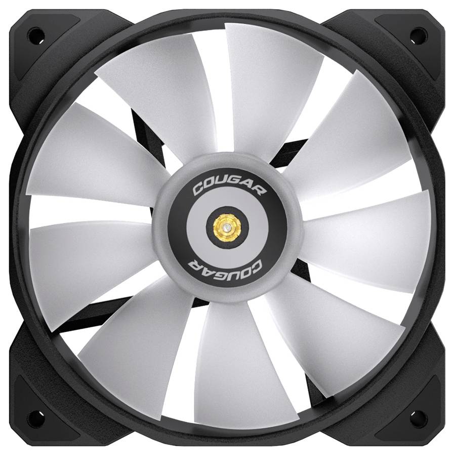 Szary wentylator komputerowy z ośmioma łopatkami wirnika, widocznym logo 'COUGAR' pośrodku oraz czarną ramą.