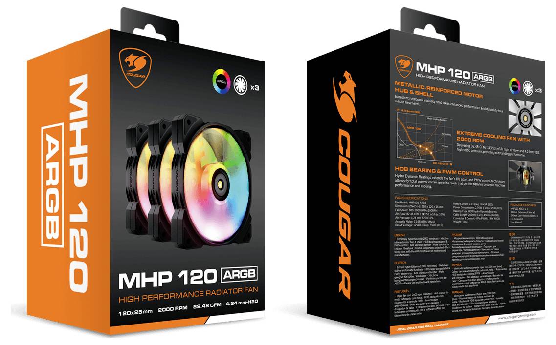 Opakowanie wentylatorów w żywych kolorach. Nadruki podkreślają cechy takie jak 'Wysoka wydajność', oświetlenie ARGB oraz rozmiar produktu.