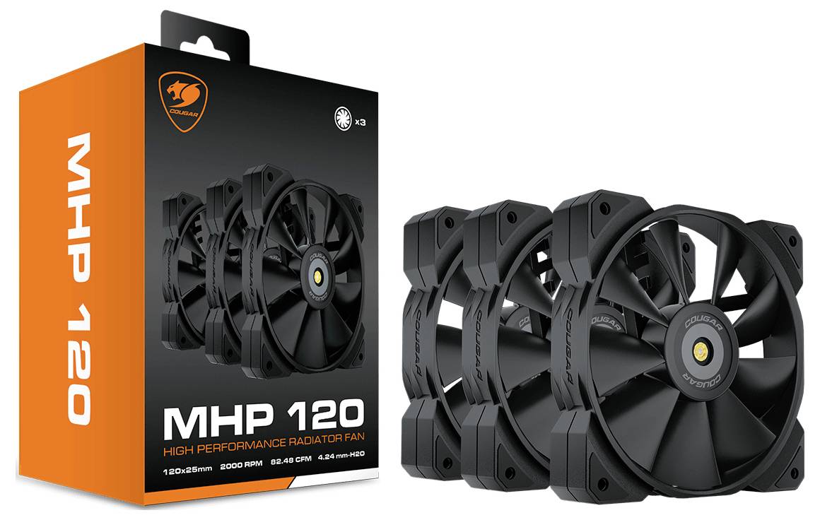 'Trzy czarne wentylatory radiatorowe marki Cougar MHP 120 o wysokiej wydajności, przedstawione wraz z opakowaniem. Odpowiednie do obudów komputerowych.'