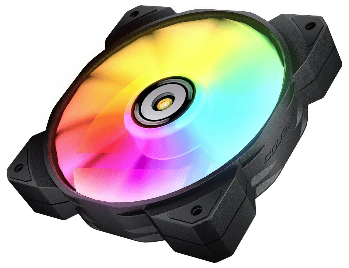 Okrągły wentylator komputerowy z podświetleniem RGB LED, świecący w kolorach tęczy. Wentylator posiada cztery czarne mocowania.