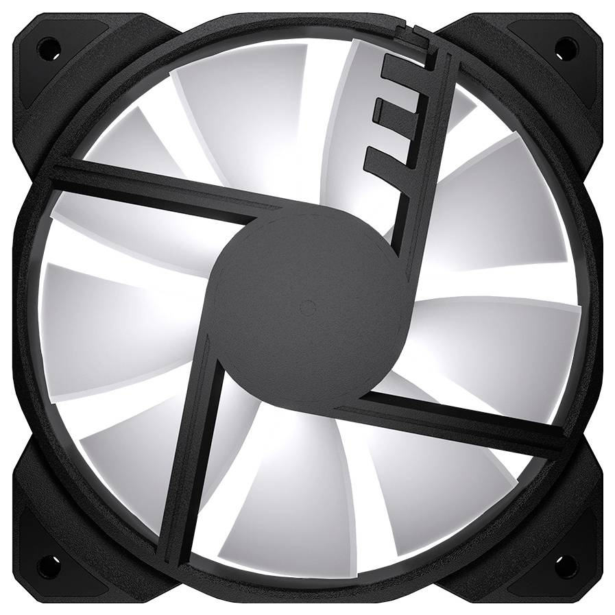 Czarny wentylator komputerowy z dziewięcioma białymi łopatkami wirnika, zabezpieczony czarną obudową, sfotografowany z perspektywy z góry.