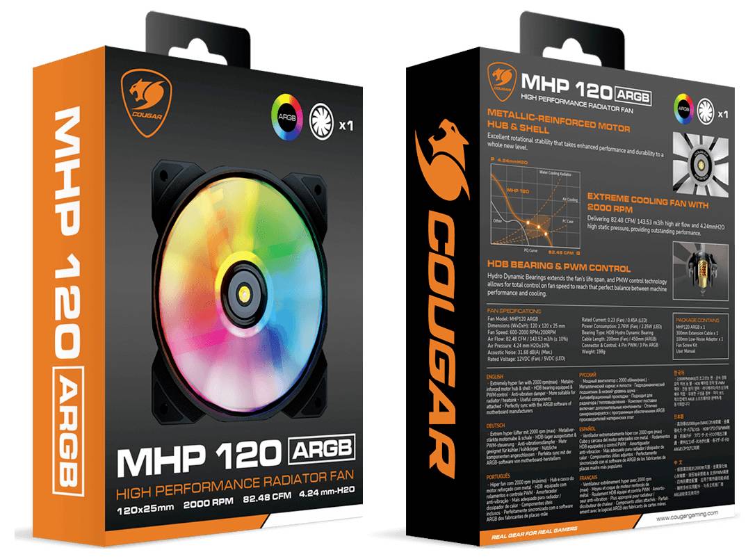 Obudowy wentylatorów 'Cougar MHP 120 ARGB' z przodu i boku. Przedstawiają specyfikacje takie jak rozmiar (120x25 mm), prędkość obrotowa (2000 obr./min) oraz podświetlenie.