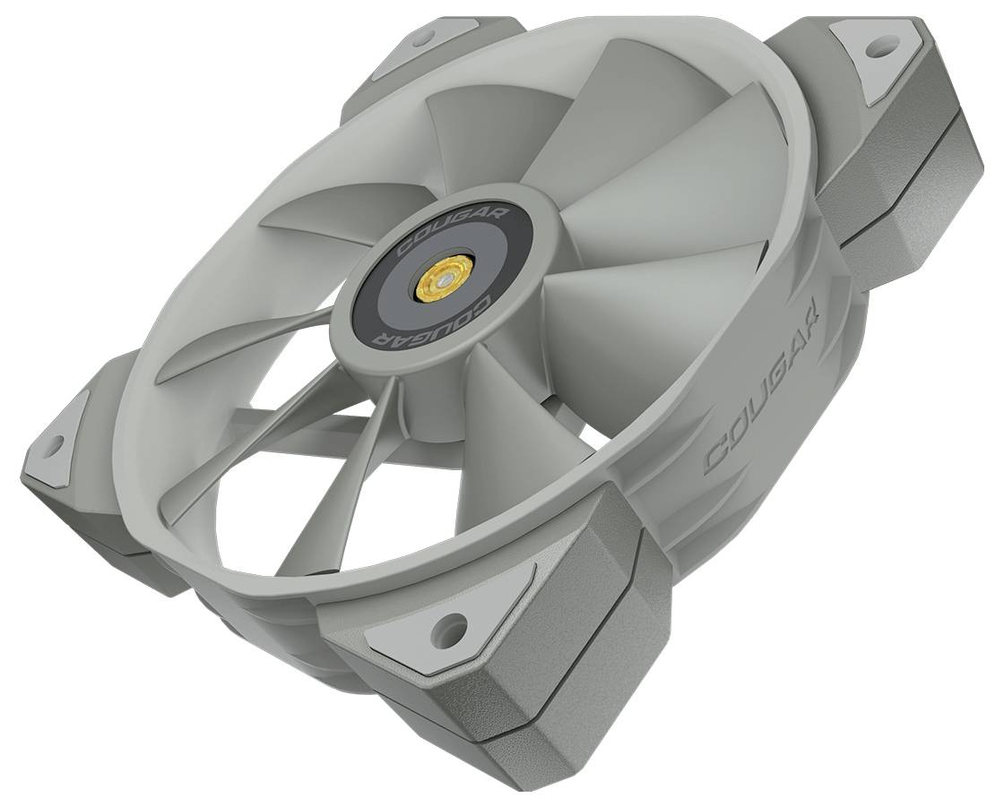 Szary wentylator komputerowy z wieloma łopatkami wirnika i centralnym logo, otoczony czterema kwadratowymi mocowaniami.