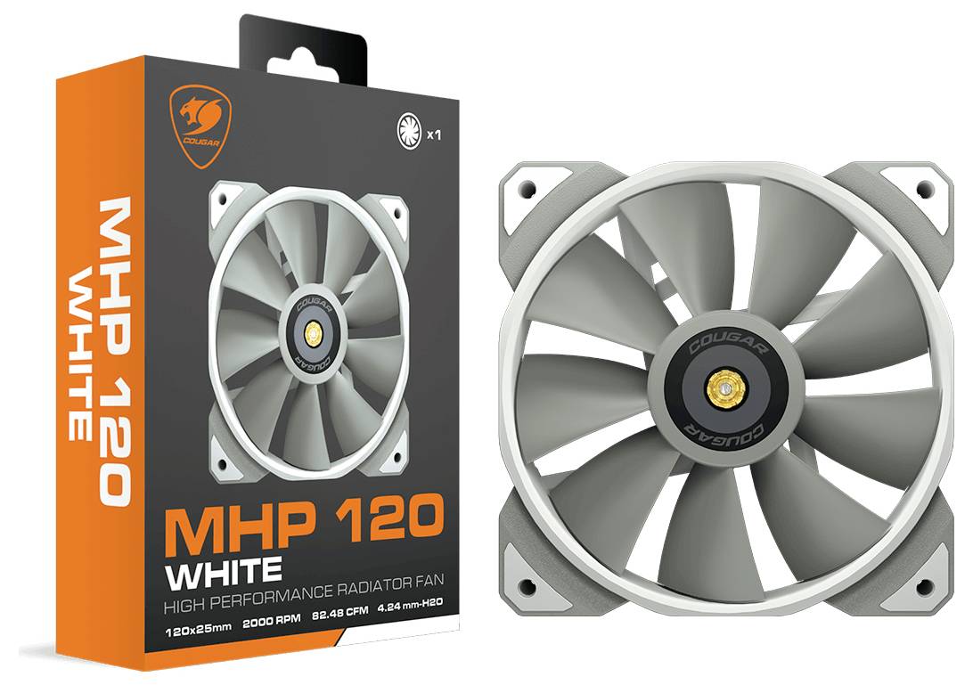 Wentylator 'Cougar MHP 120 White' o wysokiej wydajności, przedstawiający opakowanie produktu i widoczny wentylator z szarymi łopatkami.