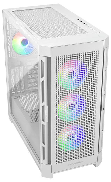 Białoobudowa komputerowa z bocznym oknem ze szkła i czterema podświetlanymi, kolorowymi wentylatorami - trzema z przodu i jednym z tyłu.