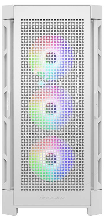 Białe obudowa komputera z trzema przednimi wentylatorami świecącymi w kolorach tęczy, umieszczona przed perforowaną metalową kratką.