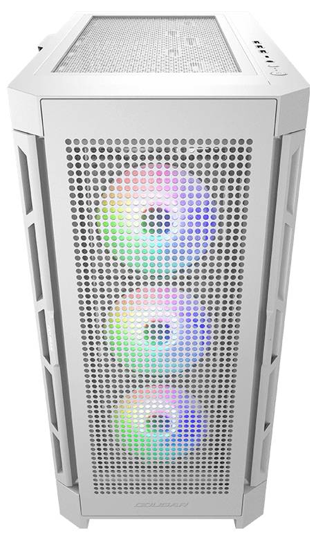 Białą obudowę komputera z wzorem kratownicy zdobią trzy wentylatory z kolorowymi podświetleniami LED na przedniej ścianie.