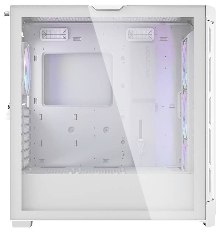 Białe obudowa komputerowa z oknem, wieloma otworami wentylacyjnymi i zamontowanymi wentylatorami. Odpowiednia do montażu podzespołów komputerowych.