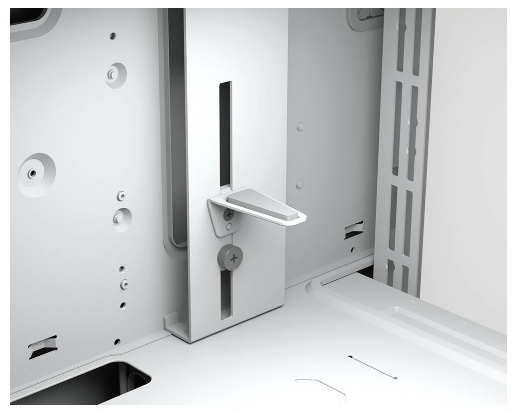 Srebrny uchwyt w obudowie wskazuje dźwignię na pionowej szynie, służącą do regulacji pozycji.