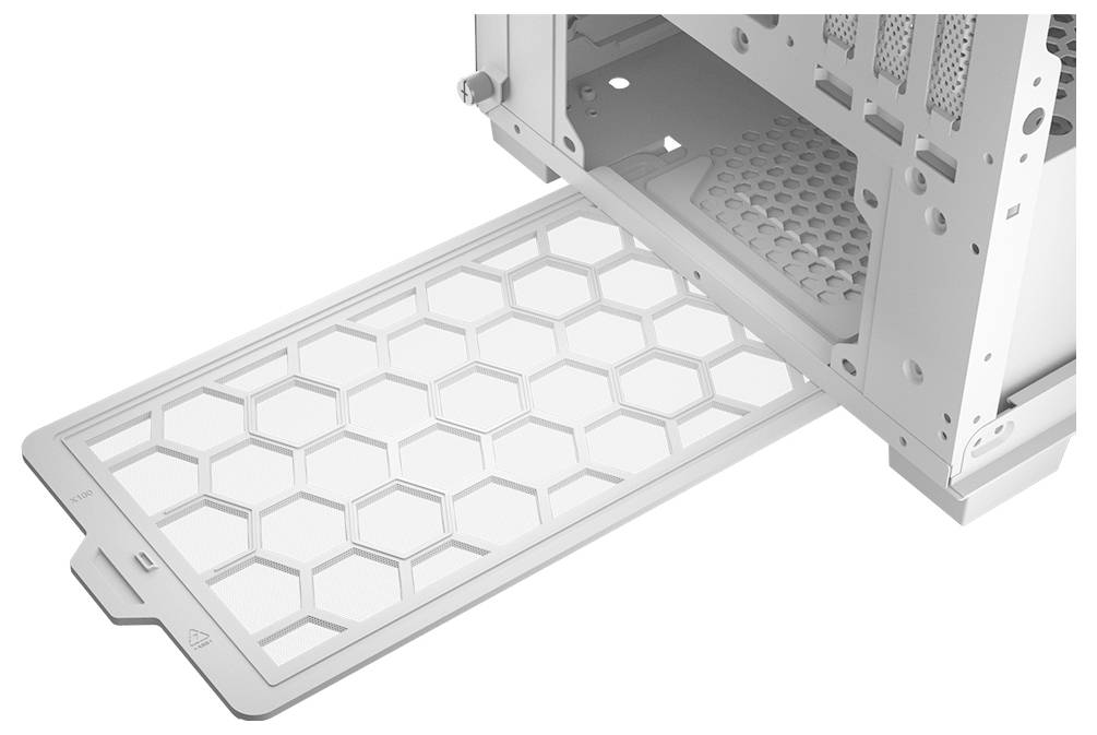 Biały, wysuwany filtr przeciwkurzowy o sześciokątnym wzorze na spodzie obudowy komputera jest częściowo wyciągnięty do czyszczenia.